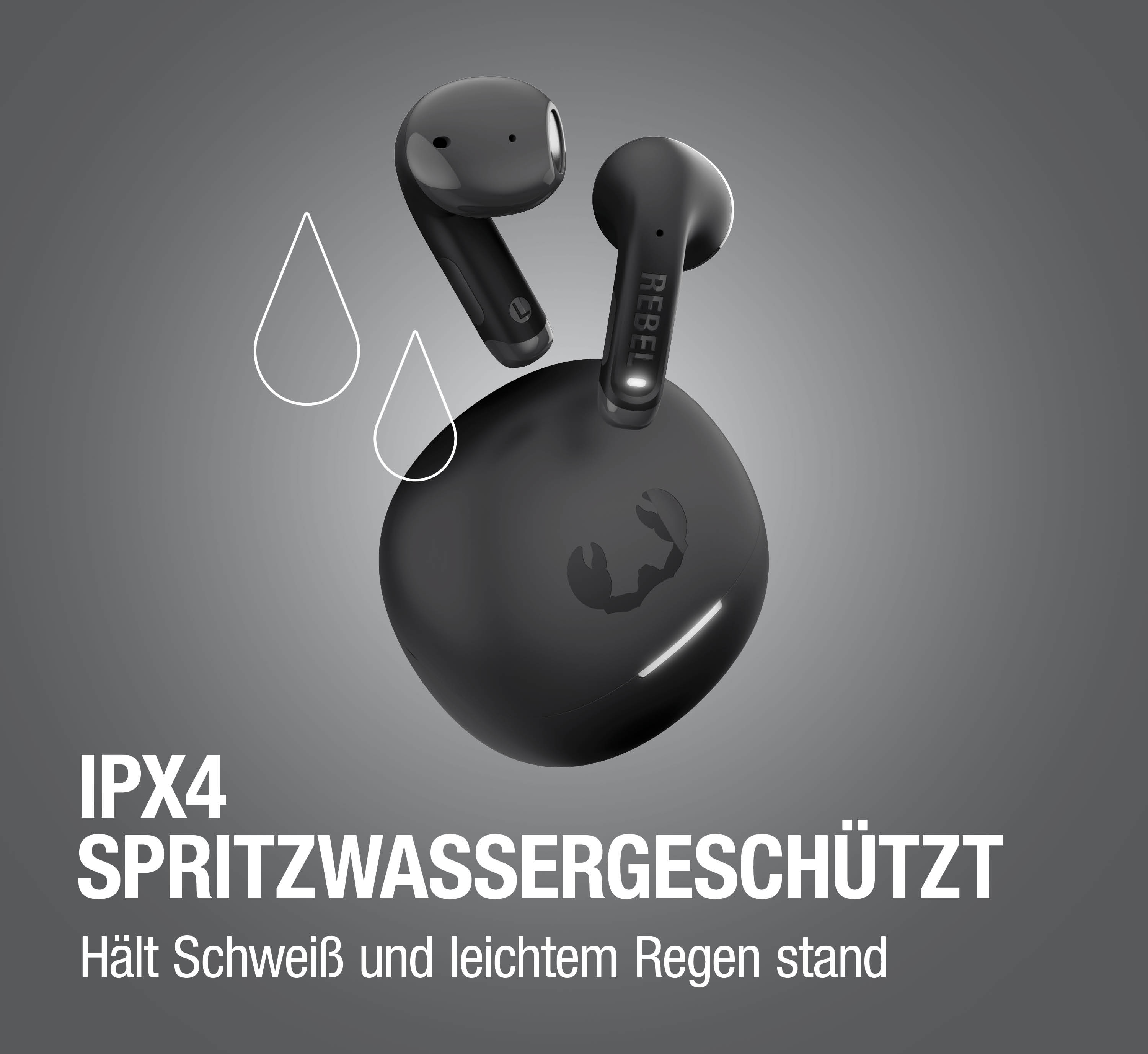 Schwarze Kopfhörer mit Ladecase, IPX4 spritzwassergeschützt.