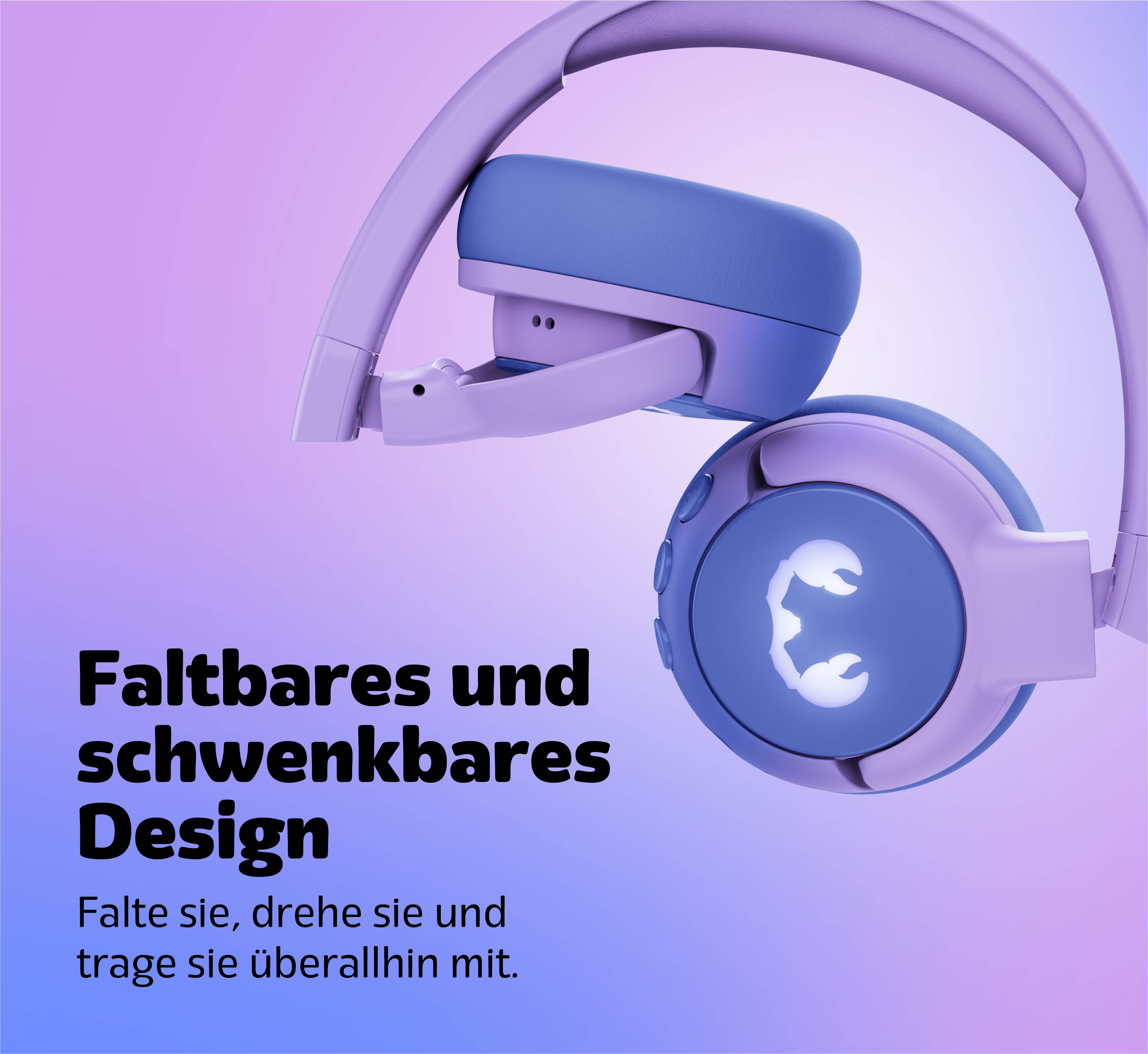 Cuffie viola e blu con design pieghevole e logo luminoso.