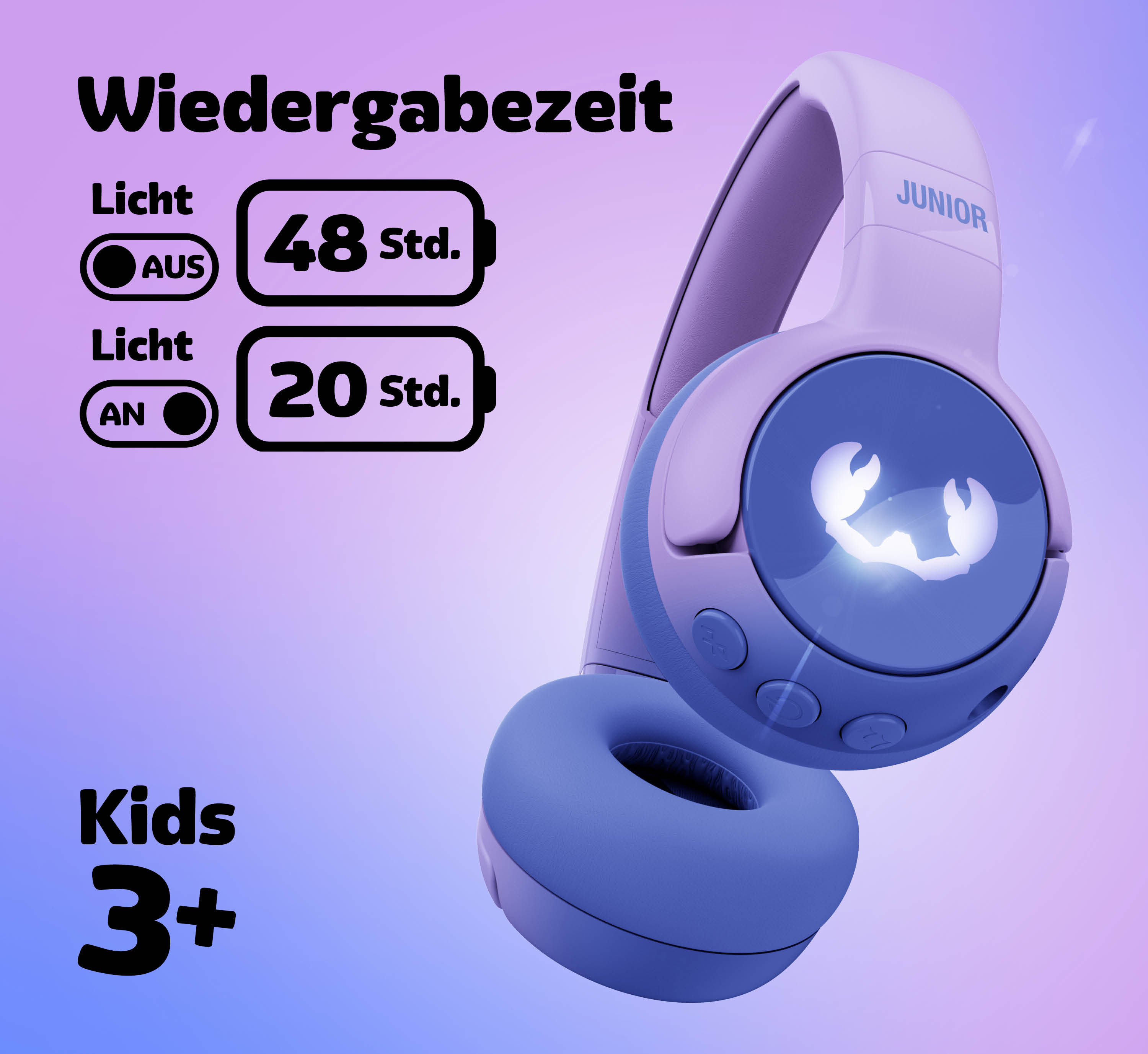 Cuffie viola per bambini mostrano tempo di riproduzione e icona luminosa.