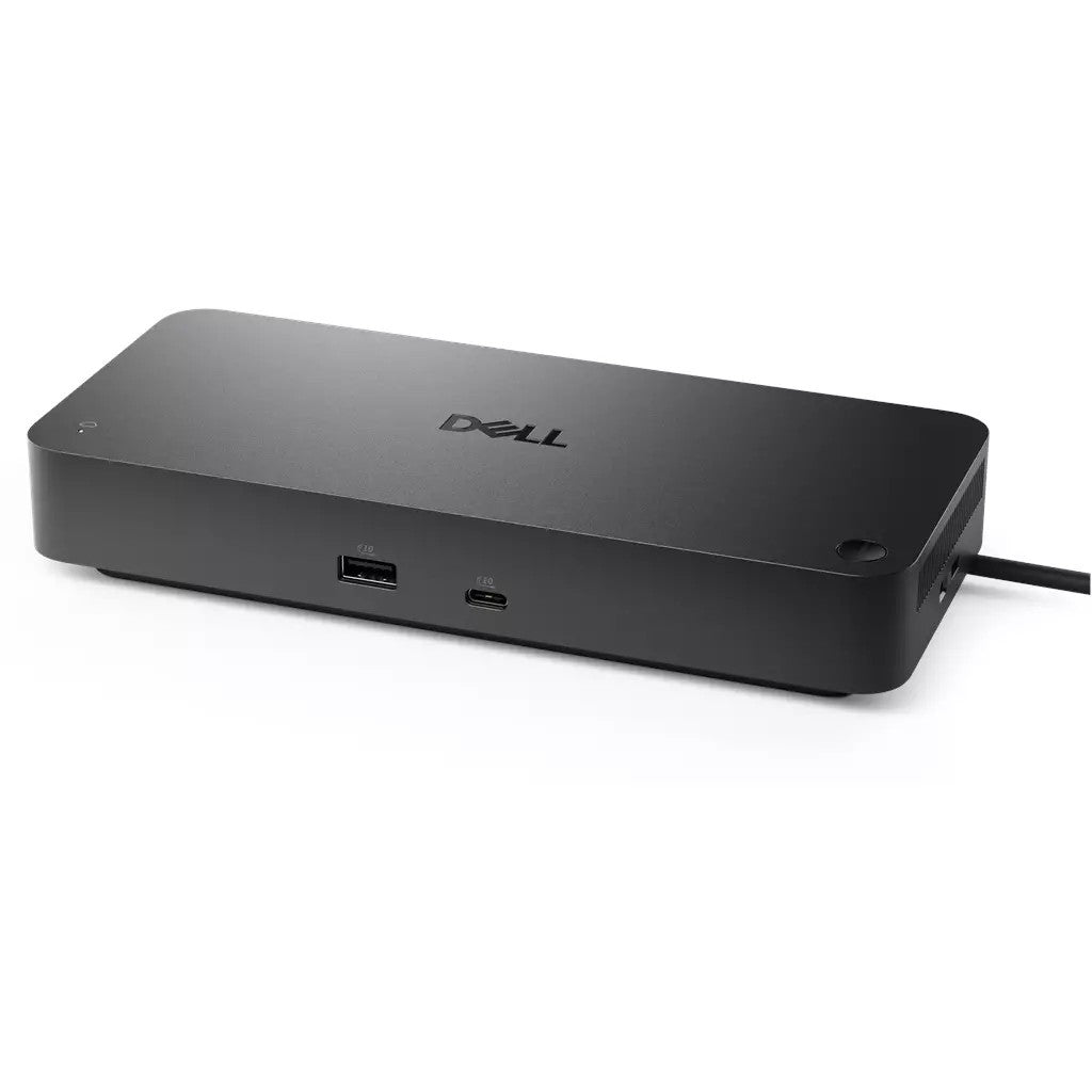 Schwarze Dell Dockingstation mit USB- und USB-C-Anschlüssen vorne.