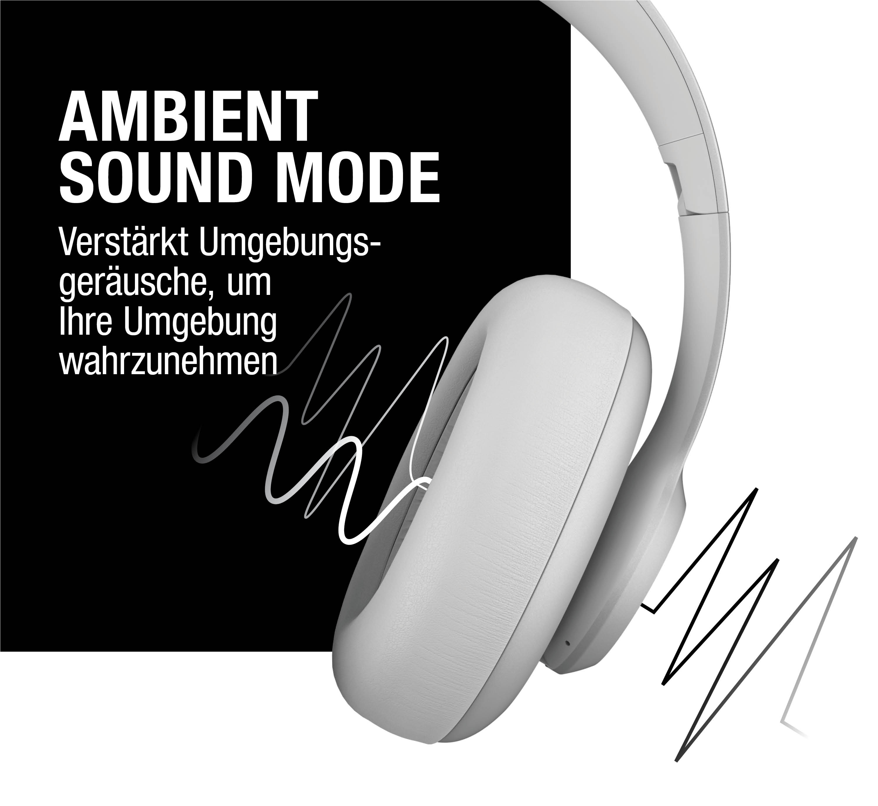 Casque gris avec texte 'AMBIENT SOUND MODE' et lignes ondulées.
