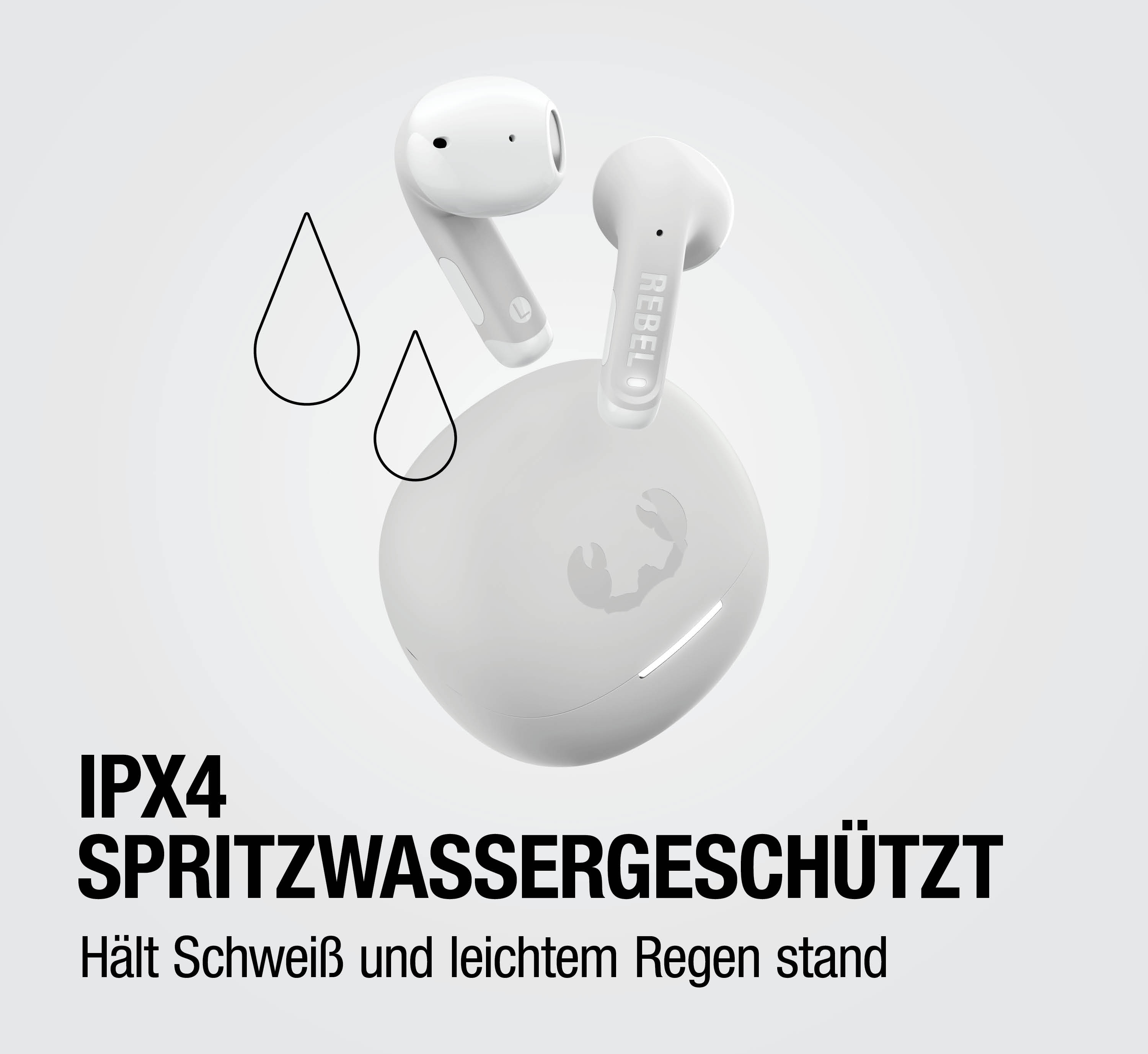 Weiße kabellose Ohrhörer mit Ladecase und IPX4-Schutz vor Spritzwasser.