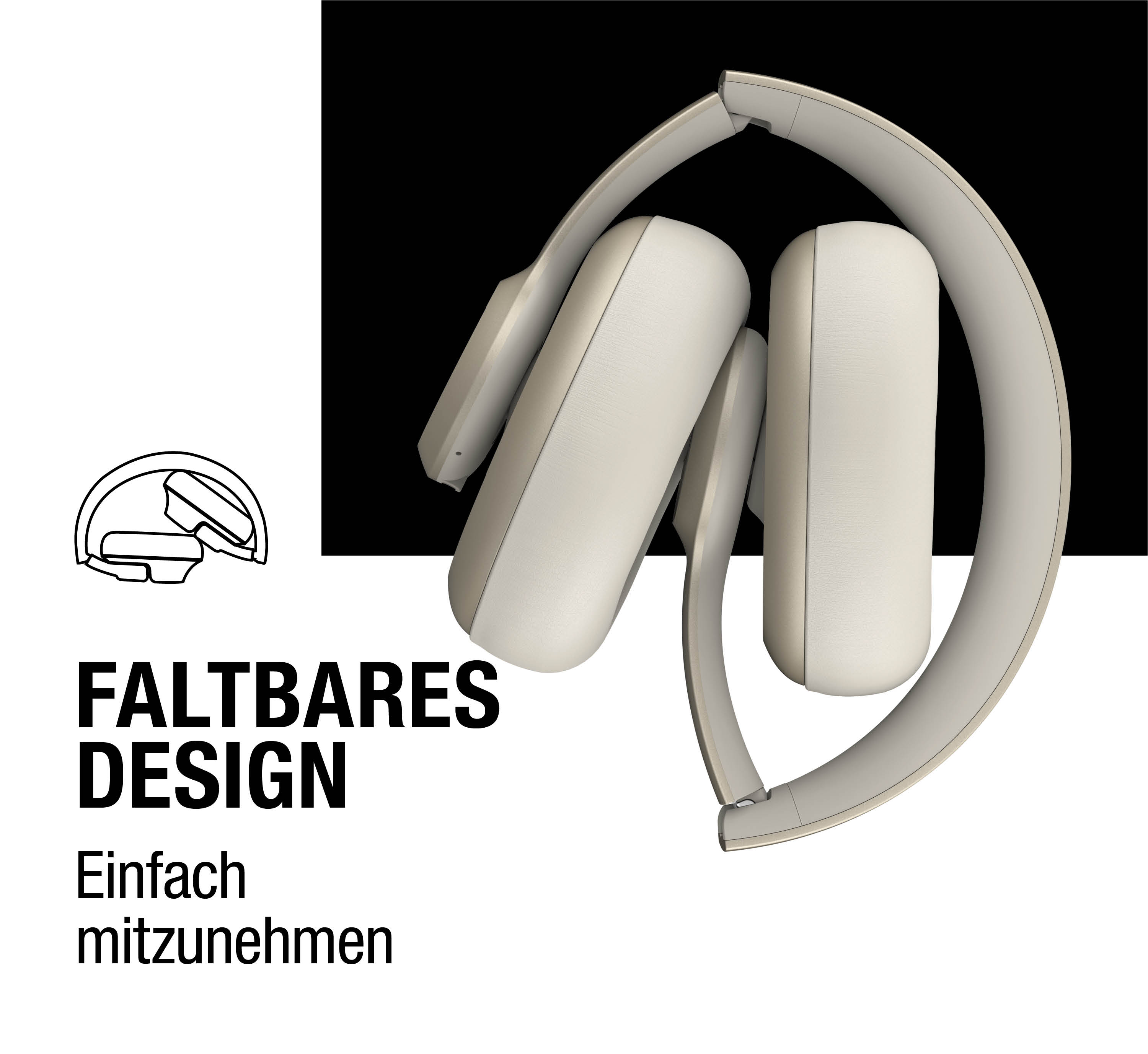 Faltbare weiße Kopfhörer auf schwarzem und weißem Hintergrund.