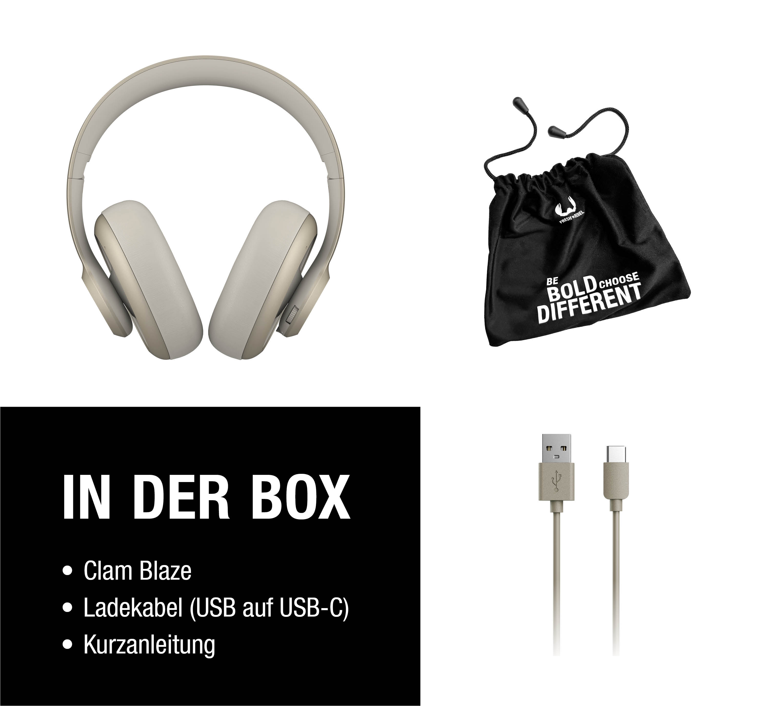 Beigefarbene Kopfhörer mit schwarzem Beutel und Kabeln.