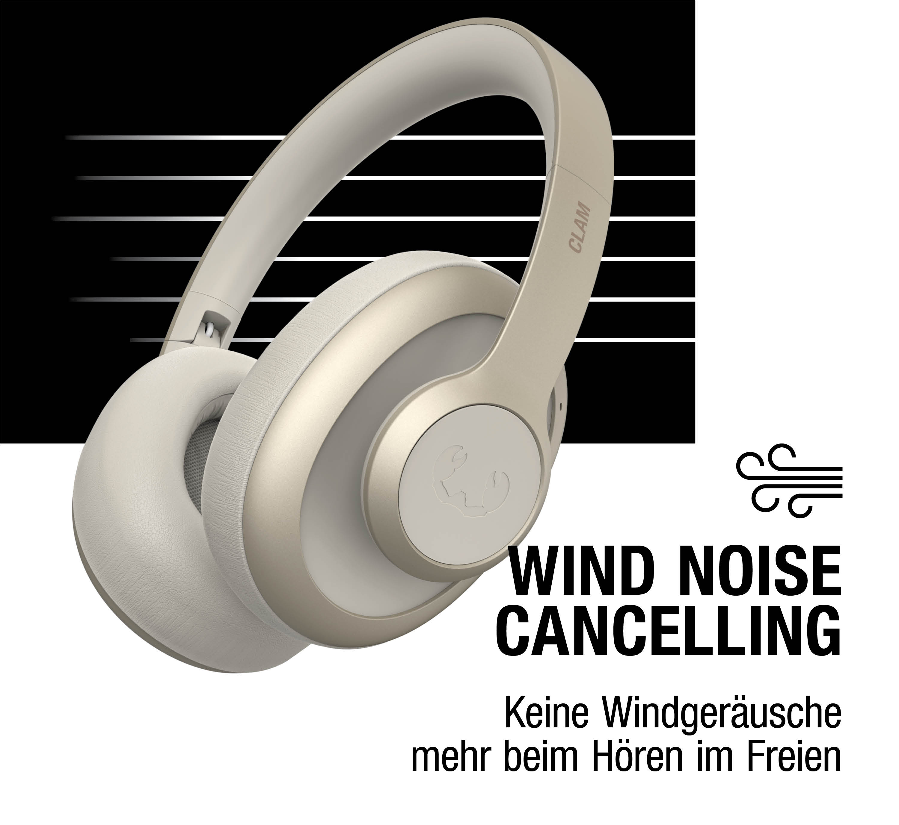 Beige Kopfhörer mit "Wind Noise Cancelling" Schriftzug.