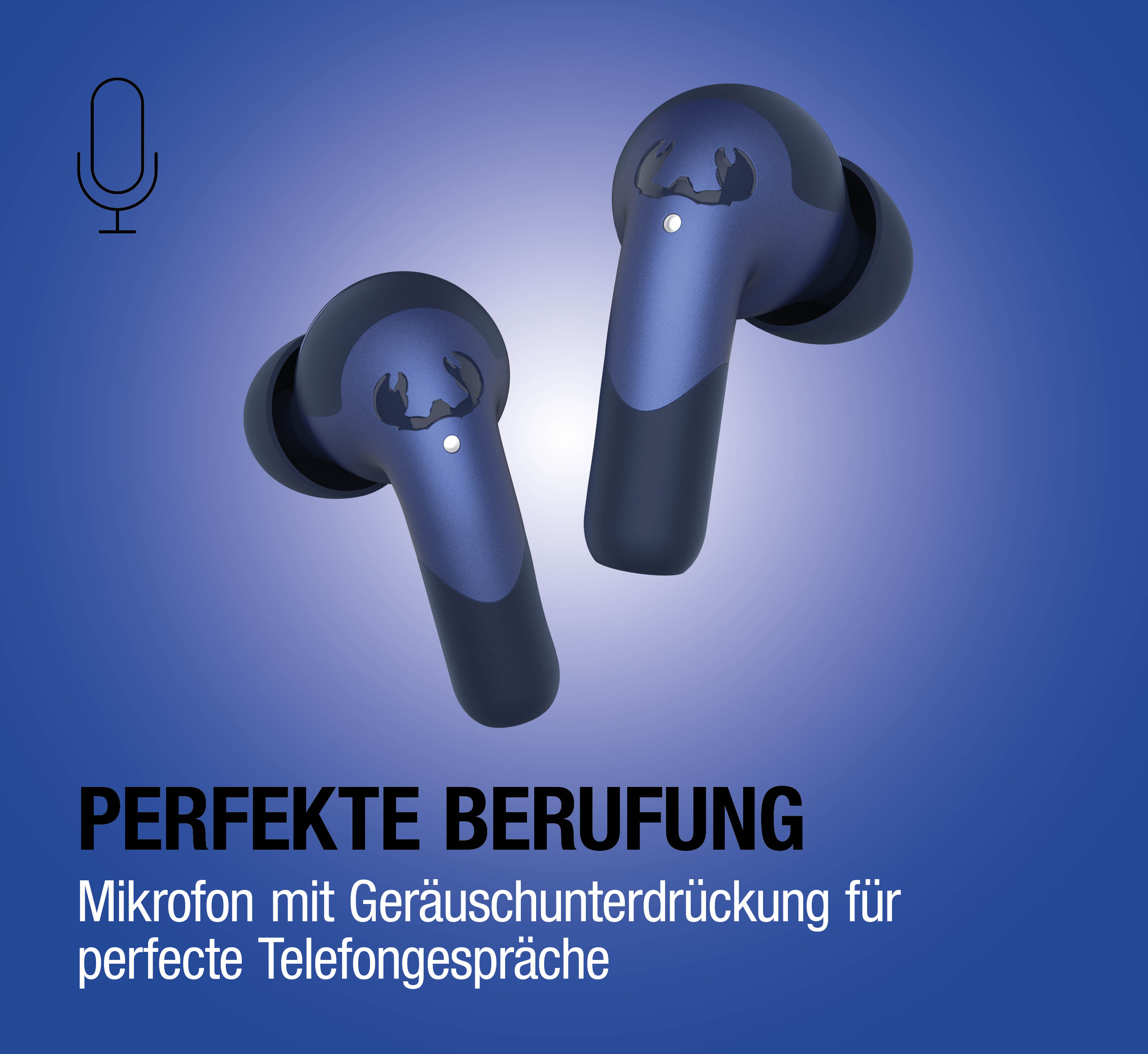 Zwei blaue kabellose Ohrhörer mit Mikrofon-Symbol auf blauem Hintergrund.