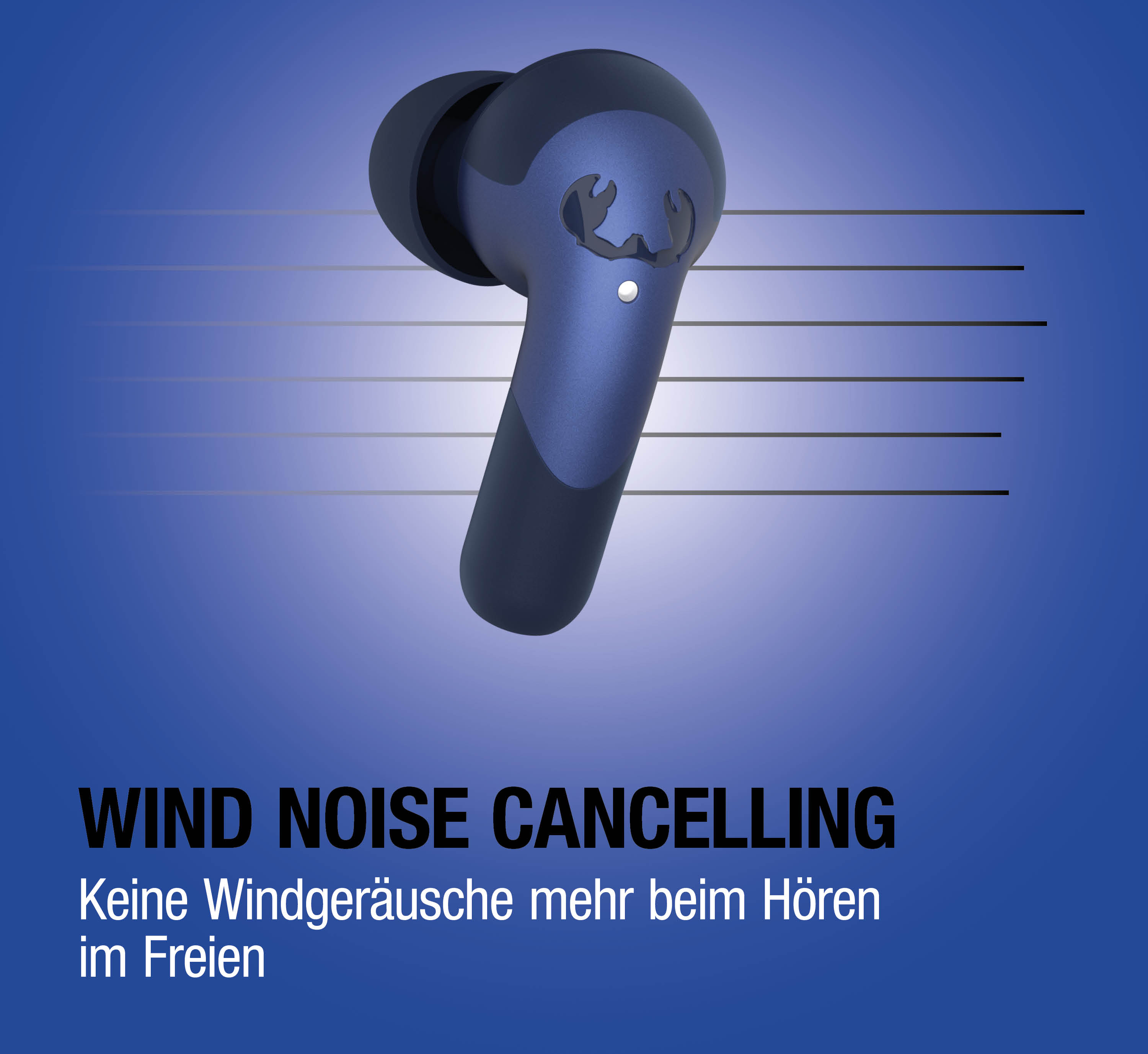 Dunkelblaue Ohrhörer mit Logo auf blauem Hintergrund. Windgeräuschunterdrückung.