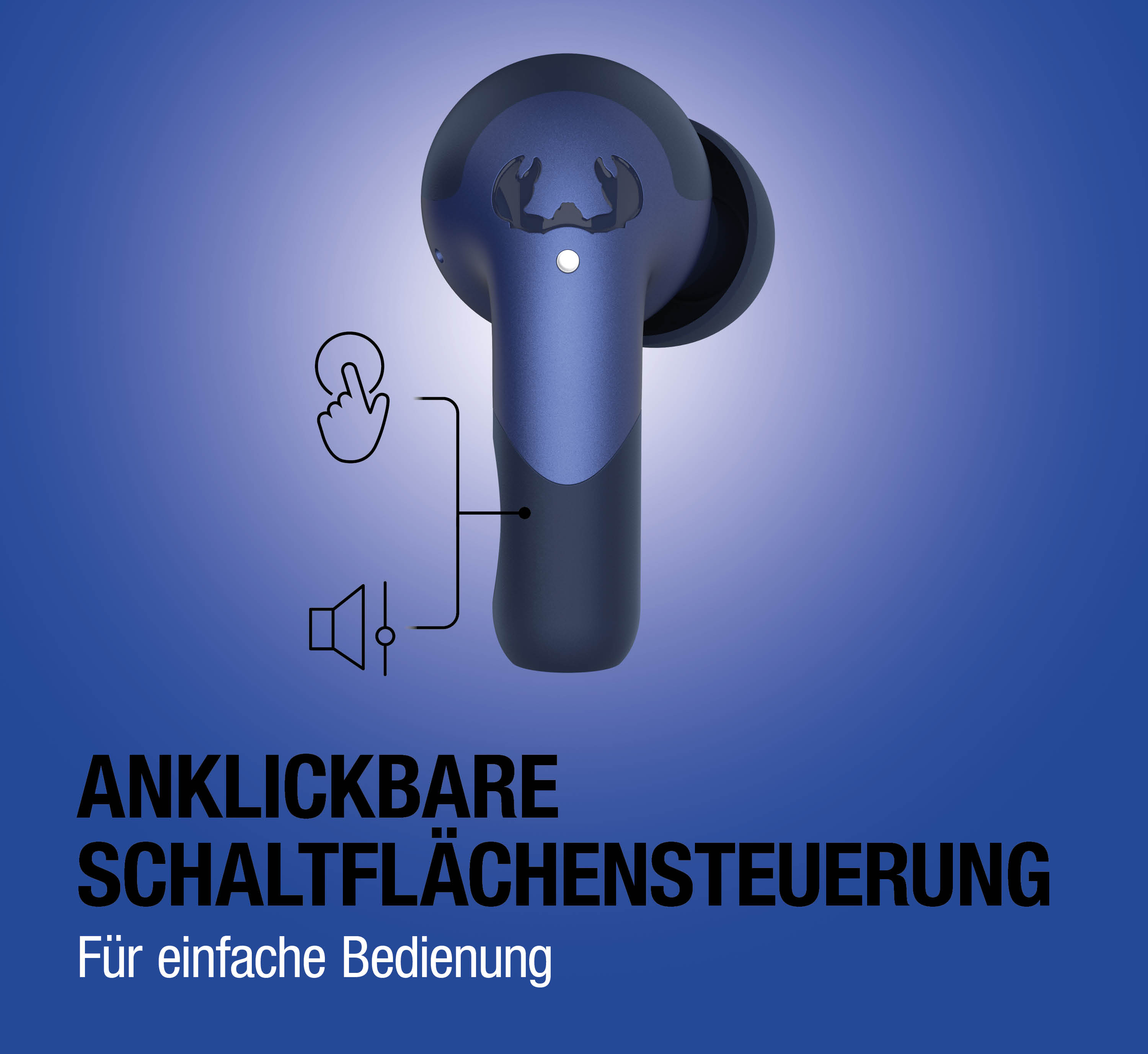 Ein dunkelblaues kabelloses Ohrhörer mit Touch-Steuerungssymbolen.