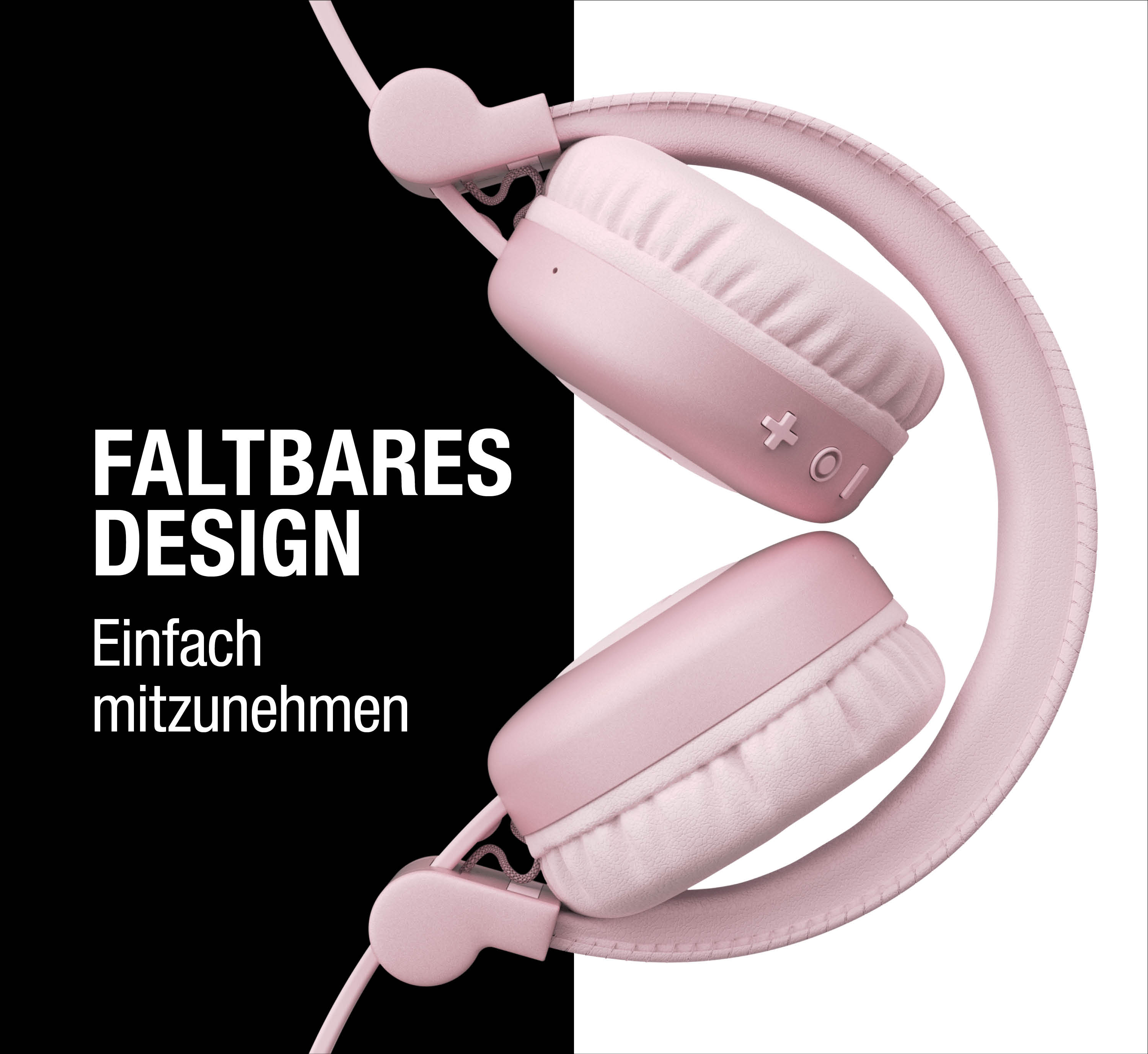 Eine faltbare rosafarbene Kopfhörer mit weißem Hintergrund.