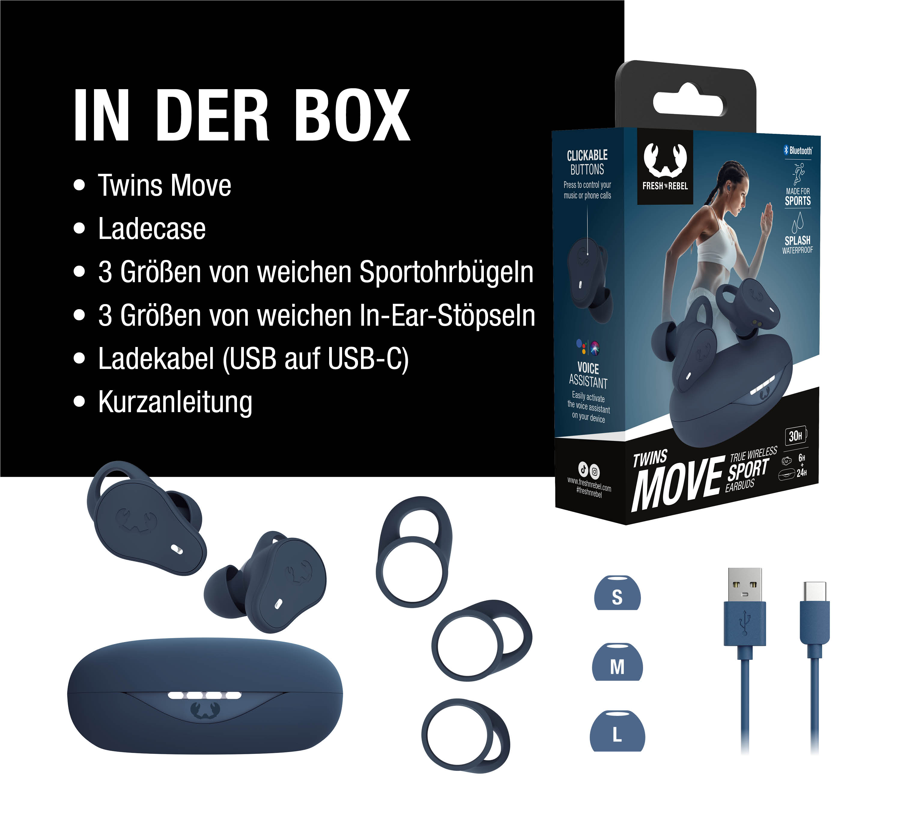 Blaue Fresh 'n Rebel Twins Move Sport Ohrhörer mit Ladecase, Kabeln und Größenoptionen.