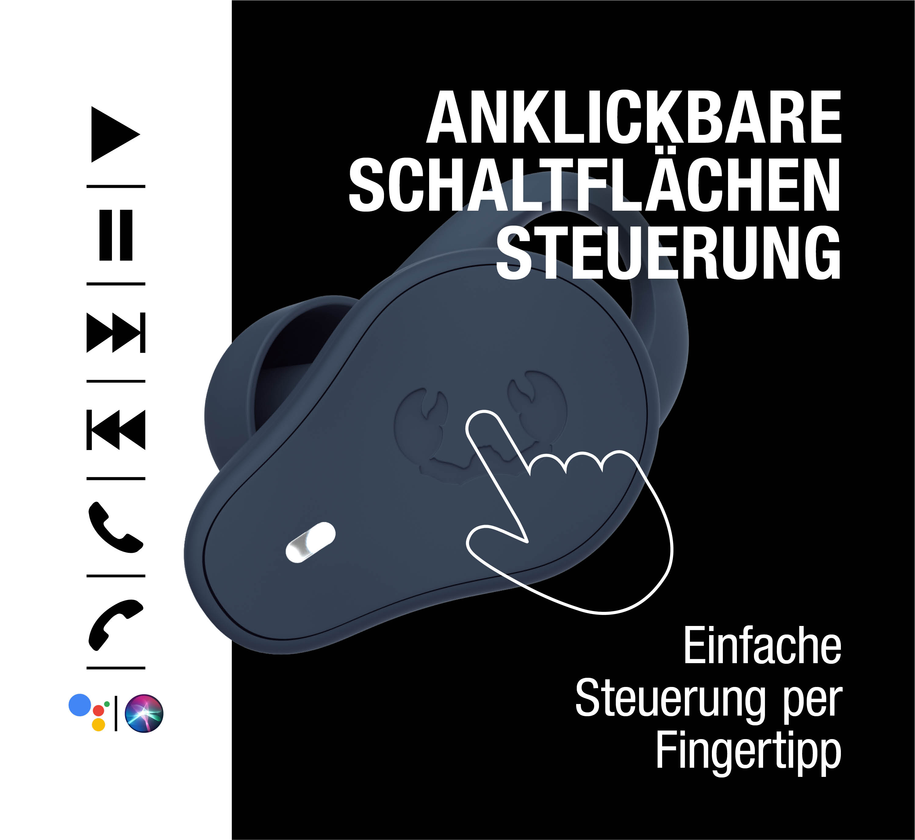 Dunkelblaue Kopfhörer mit Touch-Steuerung und Symbolen für Wiedergabe/Pause und Anruf.