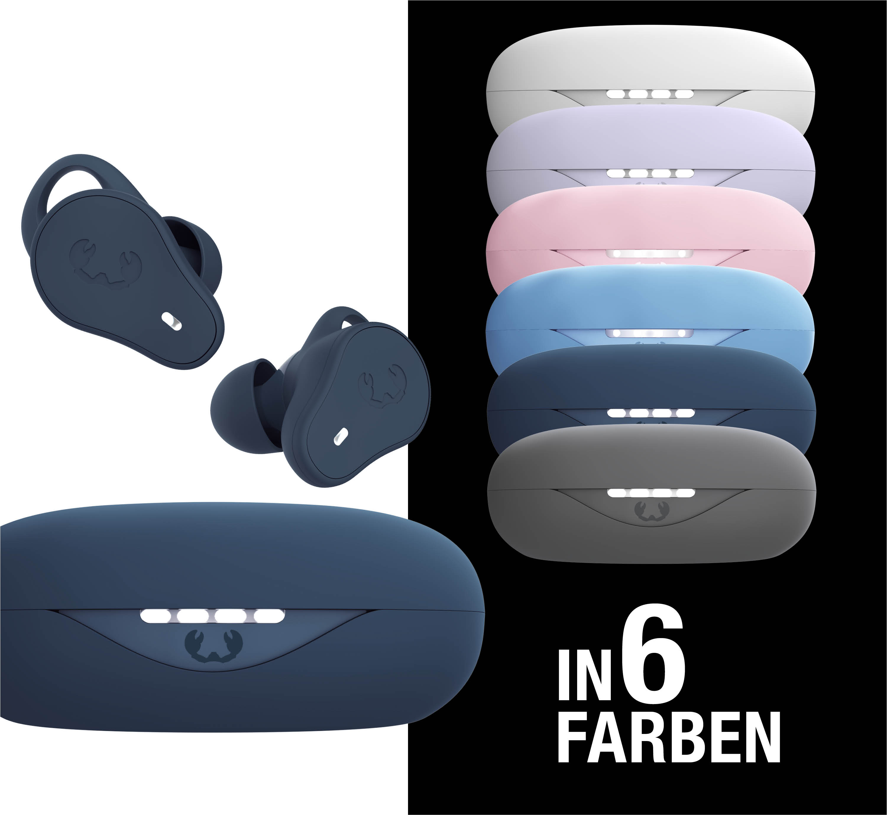 Sechs farbige Ladeboxen für kabellose Kopfhörer stapeln sich.