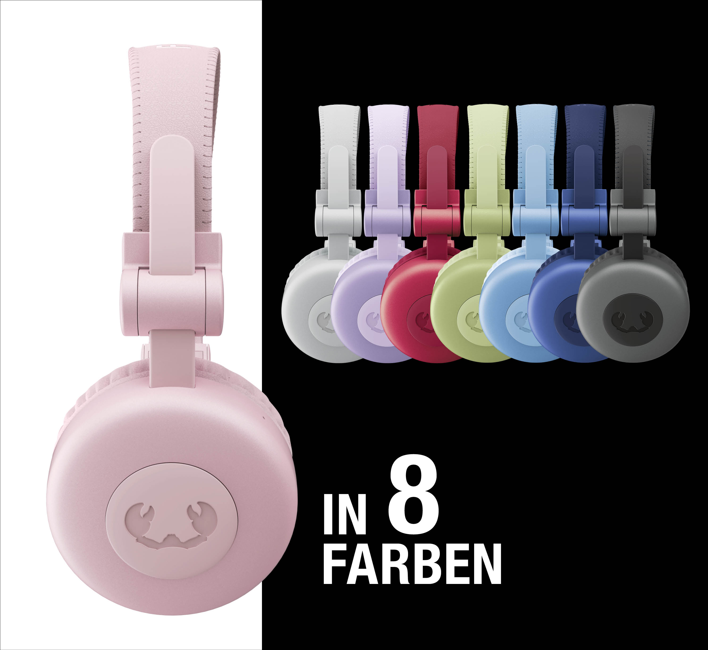 Ein rosafarbener Kopfhörer links, daneben acht bunte Kopfhörer.