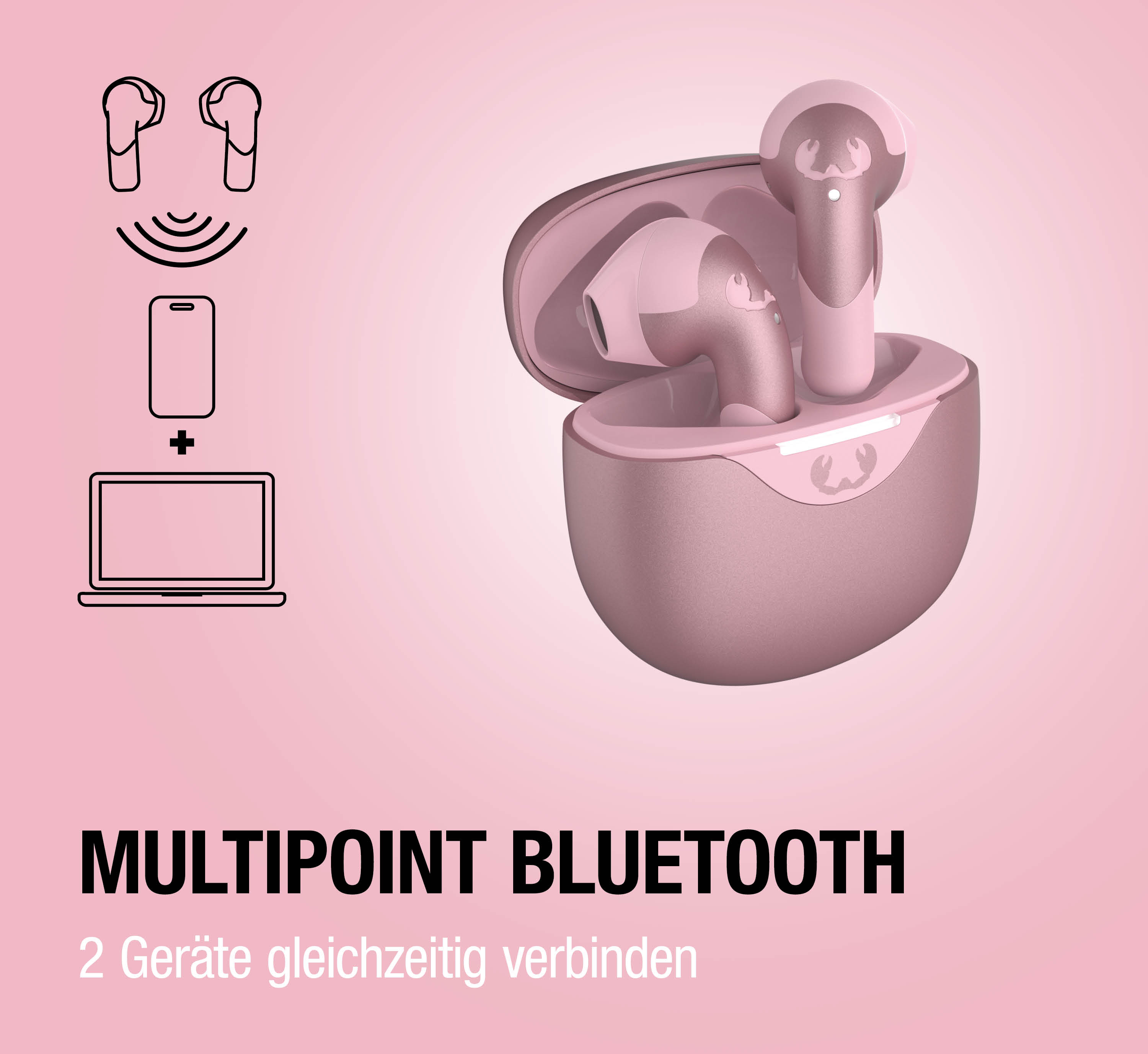 Rosa kabellose Ohrhörer in Ladecase mit Symbolen für Handy und Laptop.