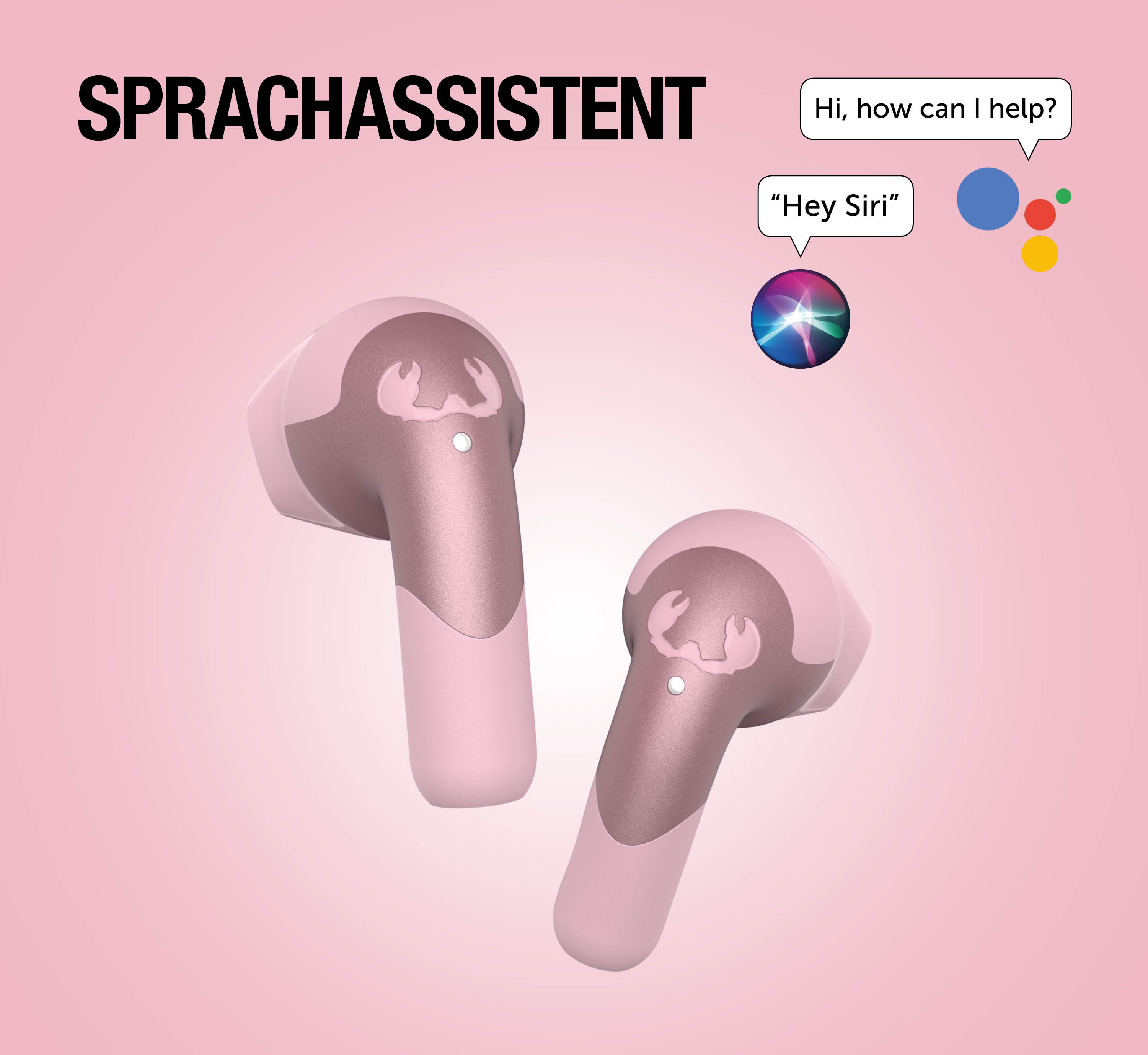 Rosa Kopfhörer mit Krabbenlogo, Sprachassistent-Icons und Text 'Sprachassistent'.
