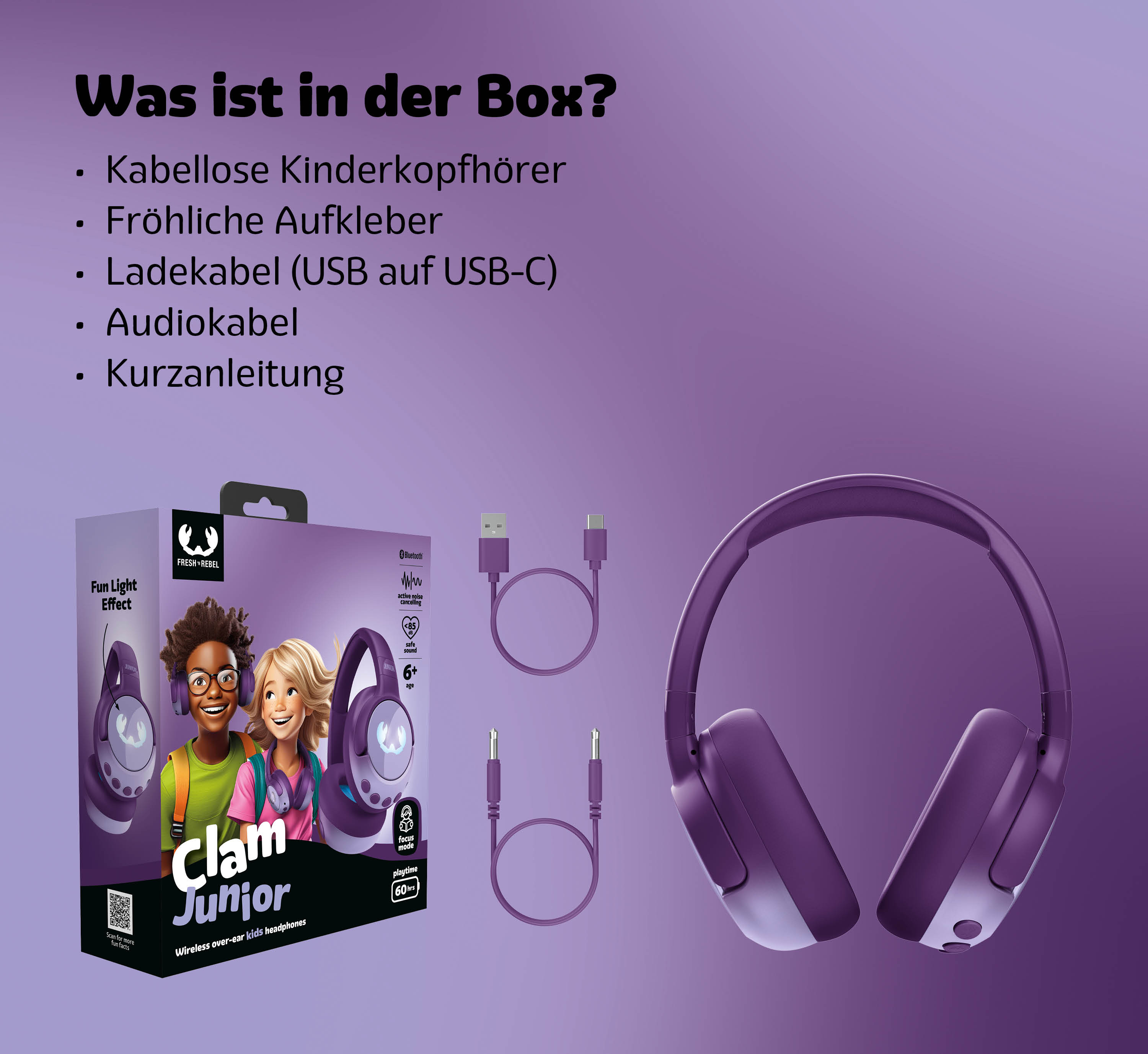 Lila Kopfhörer, Ladekabel und Audiokabel auf lila Hintergrund.