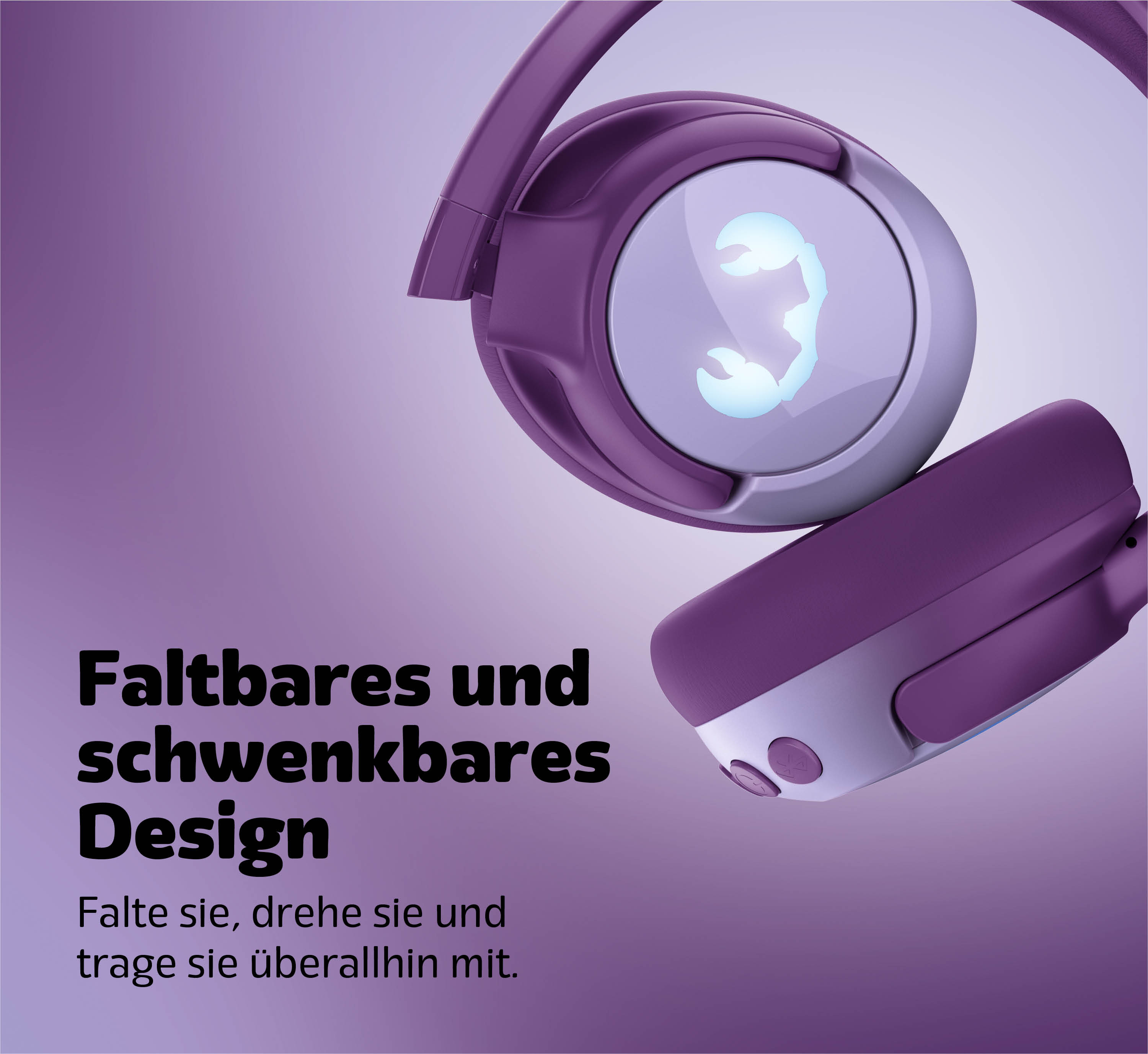 Lila Kopfhörer mit leuchtendem Skorpion-Symbol und Text.