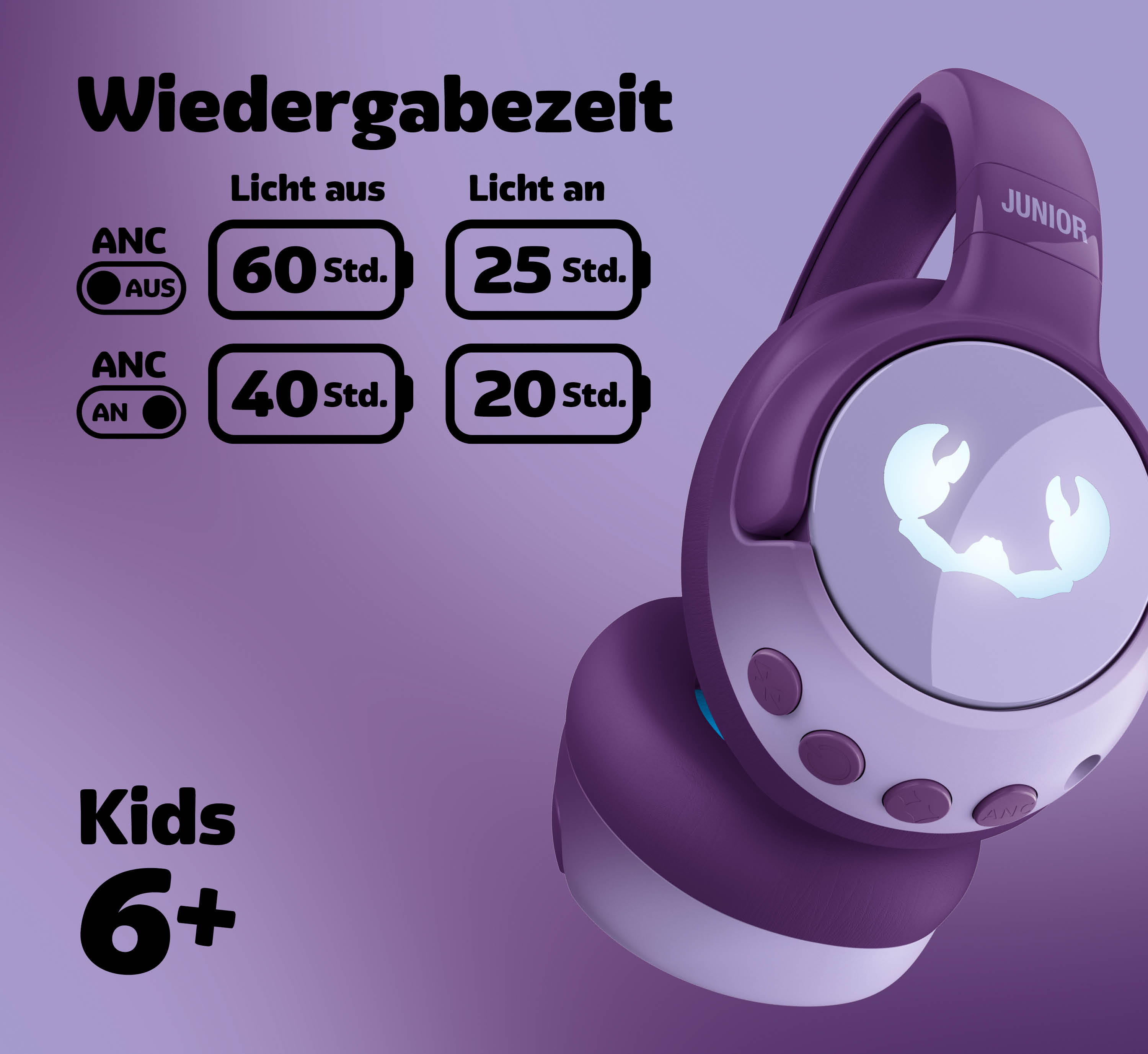 Lila Kopfhörer für Kinder mit Wiedergabezeit-Angaben.