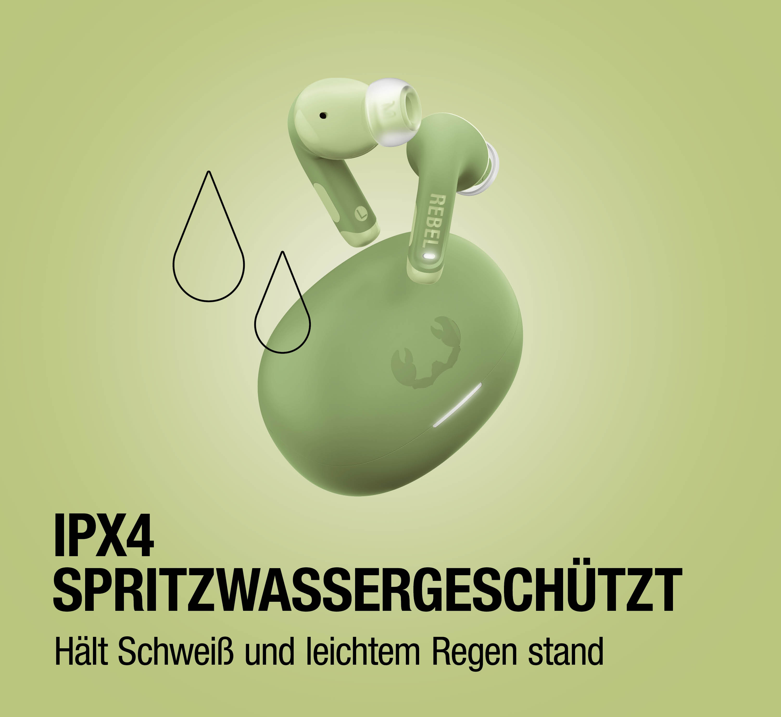 Grüne kabellose Ohrhörer mit Ladecase, spritzwassergeschützt.