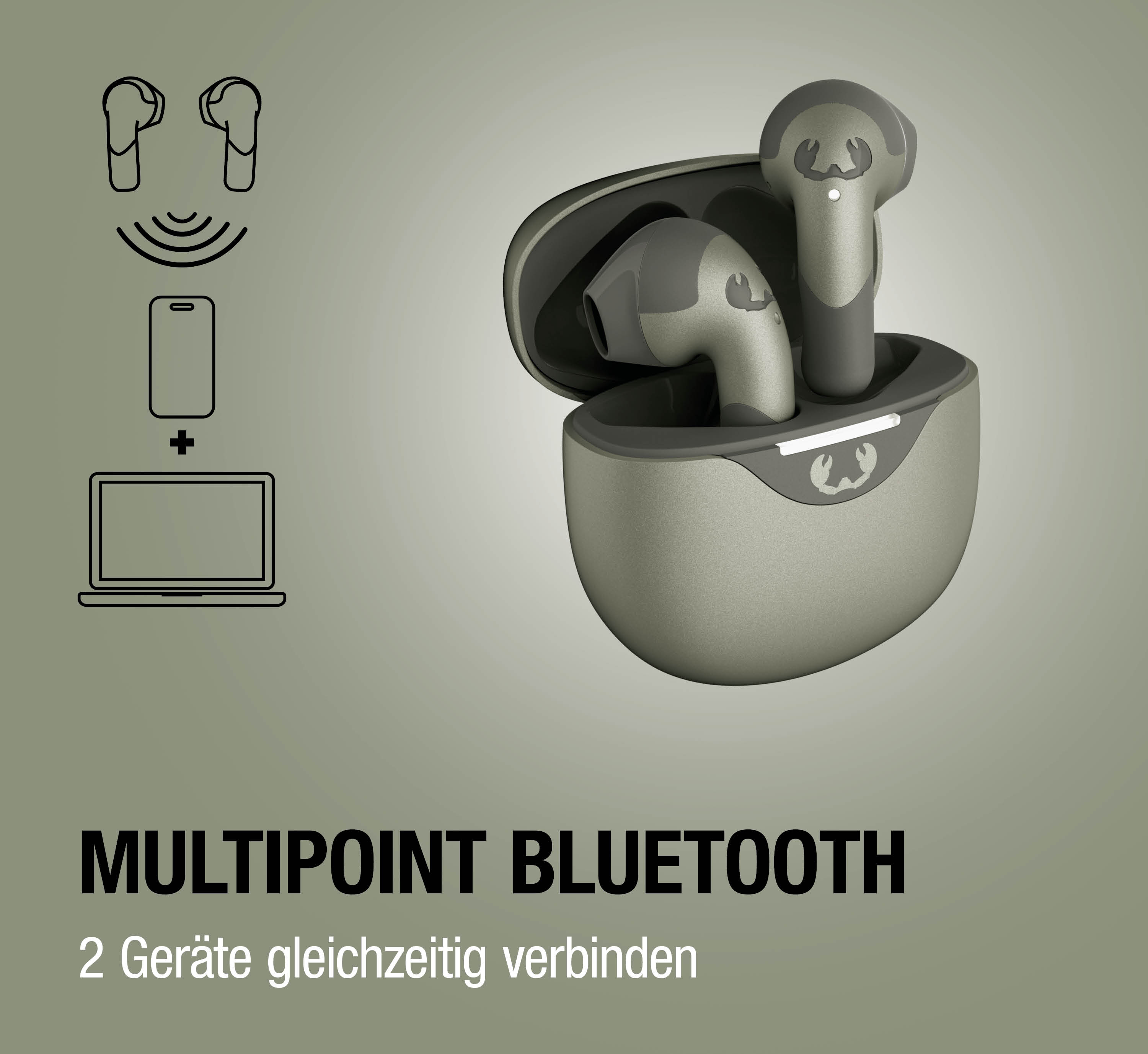 Graue kabellose Kopfhörer in Ladebox mit Symbolen für Handy und Laptop.