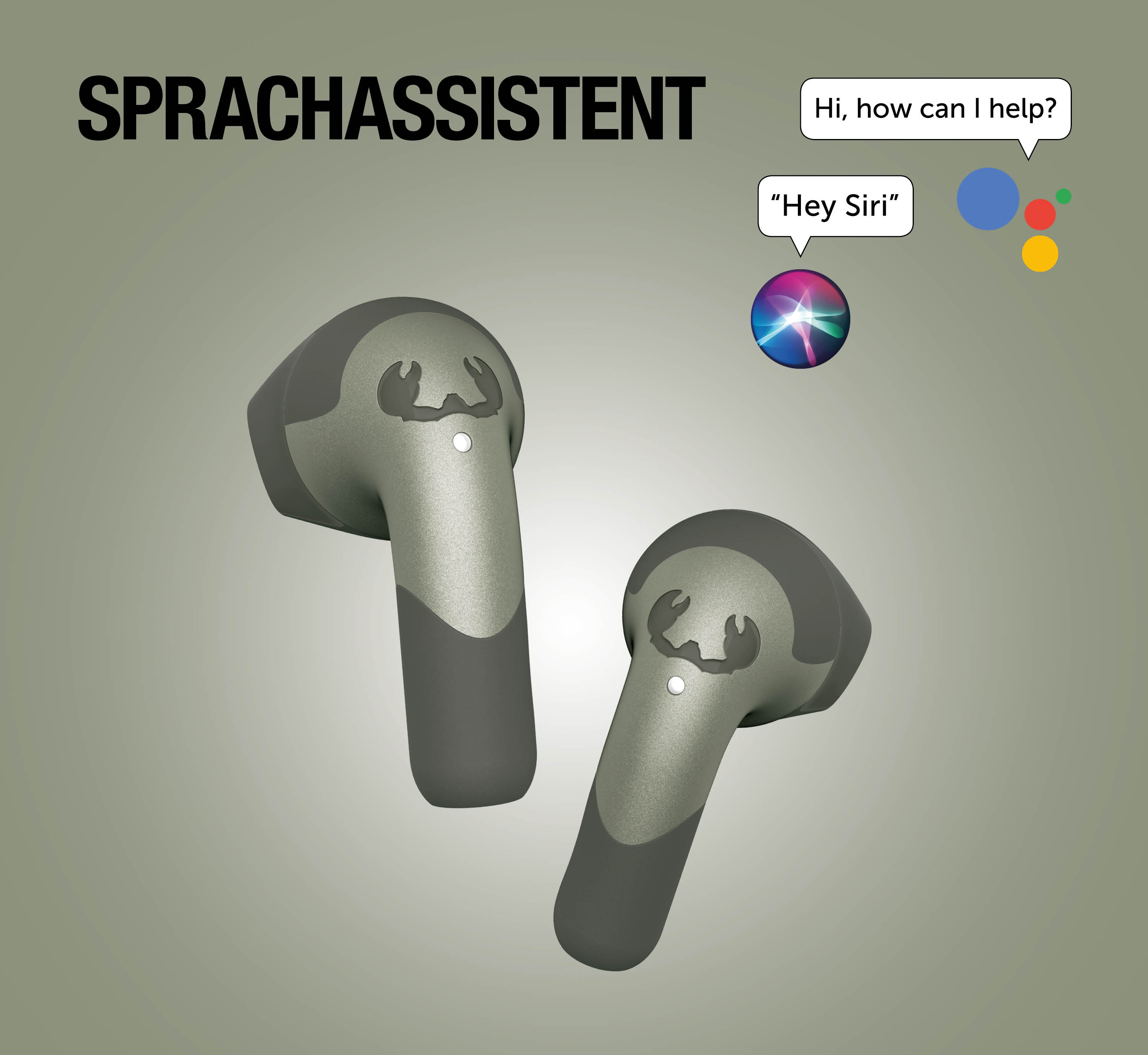 Zwei graue Kopfhörer mit einem Krebsmotiv. Sprachassistenten-Icons.