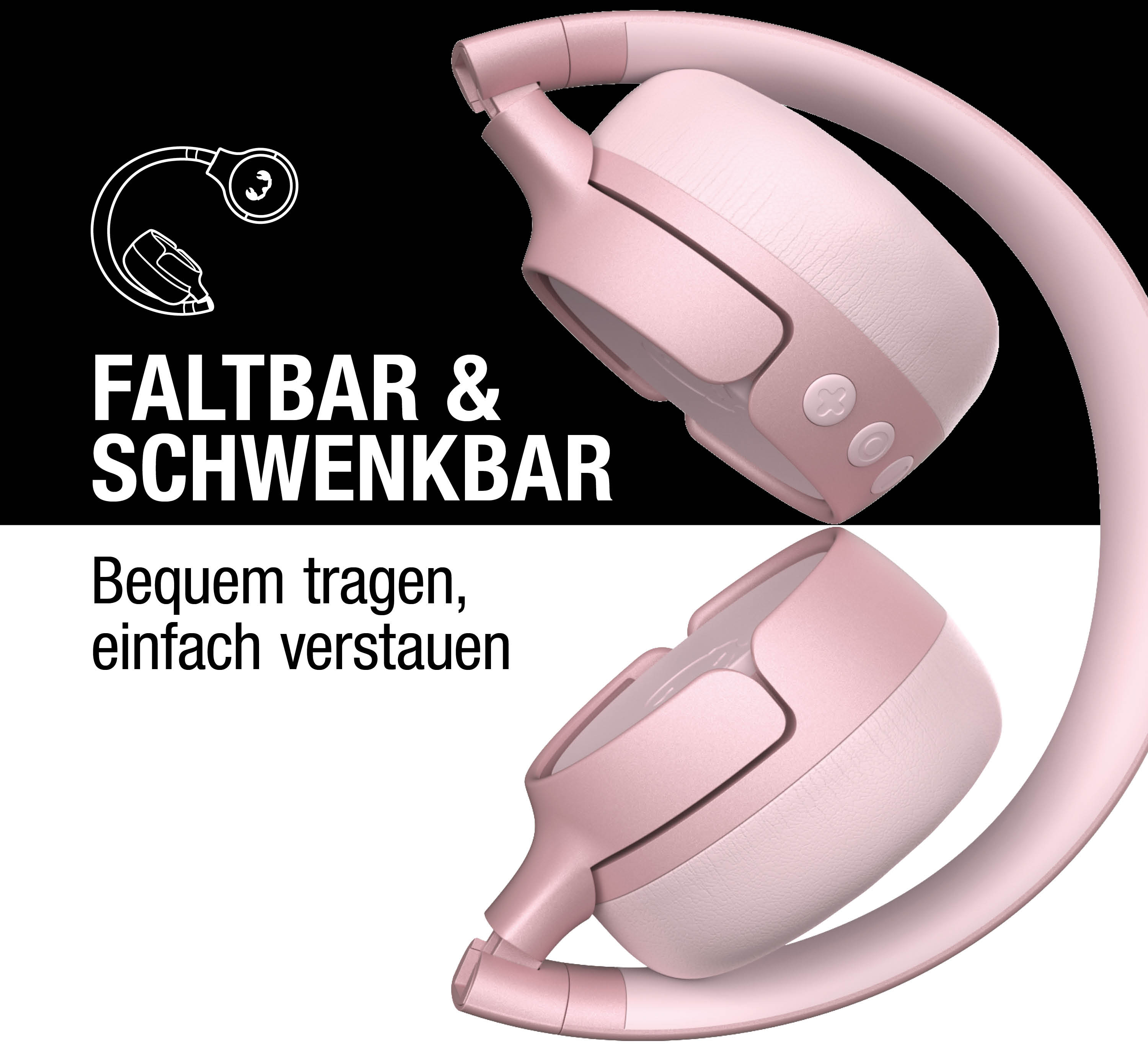 Rosa Kopfhörer, faltbar und schwenkbar, mit Text.