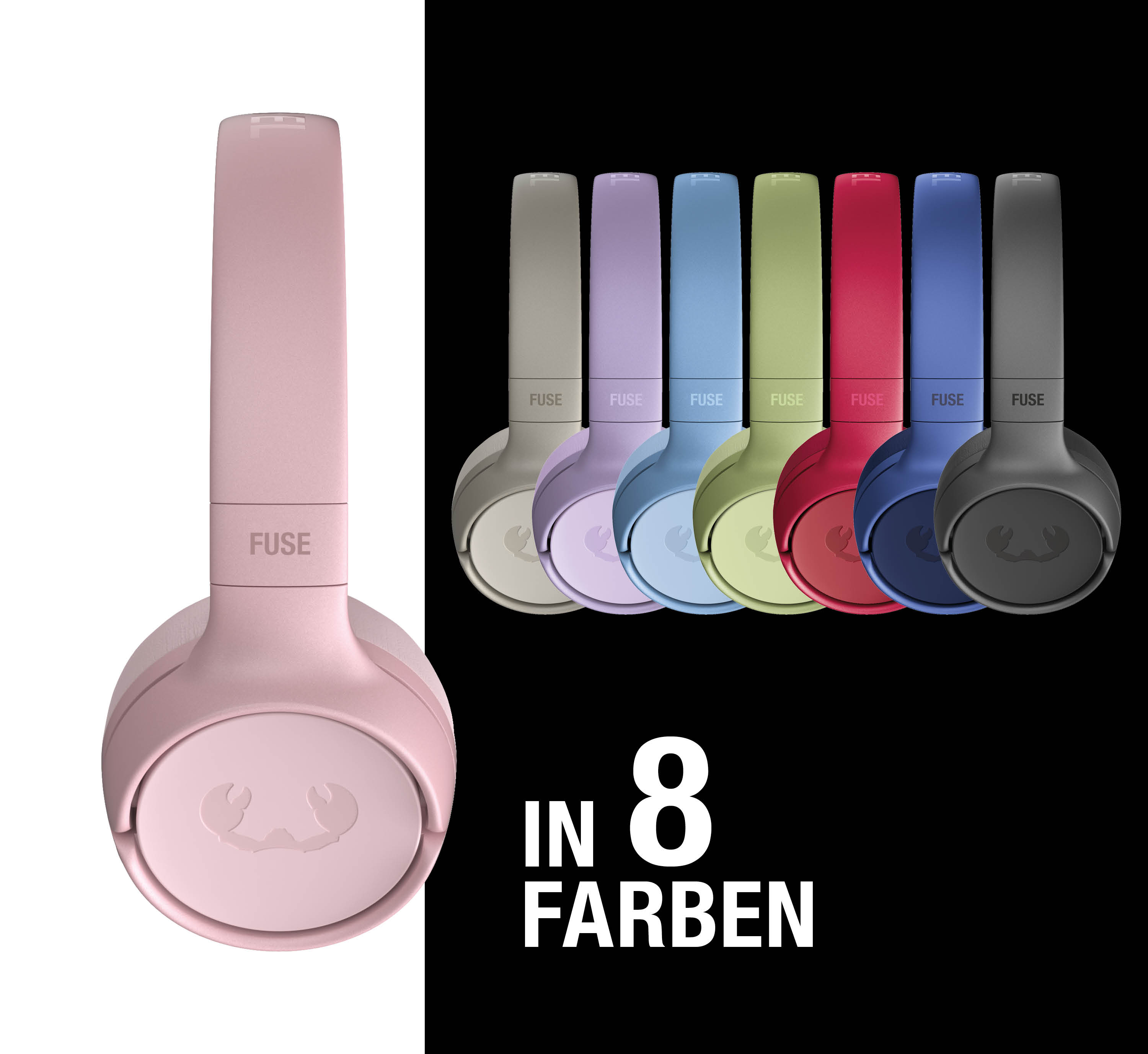 Ein rosa Kopfhörer links, daneben acht weitere in Grau, Lila, Blau, Grün, Rot, Dunkelblau, Schwarz.