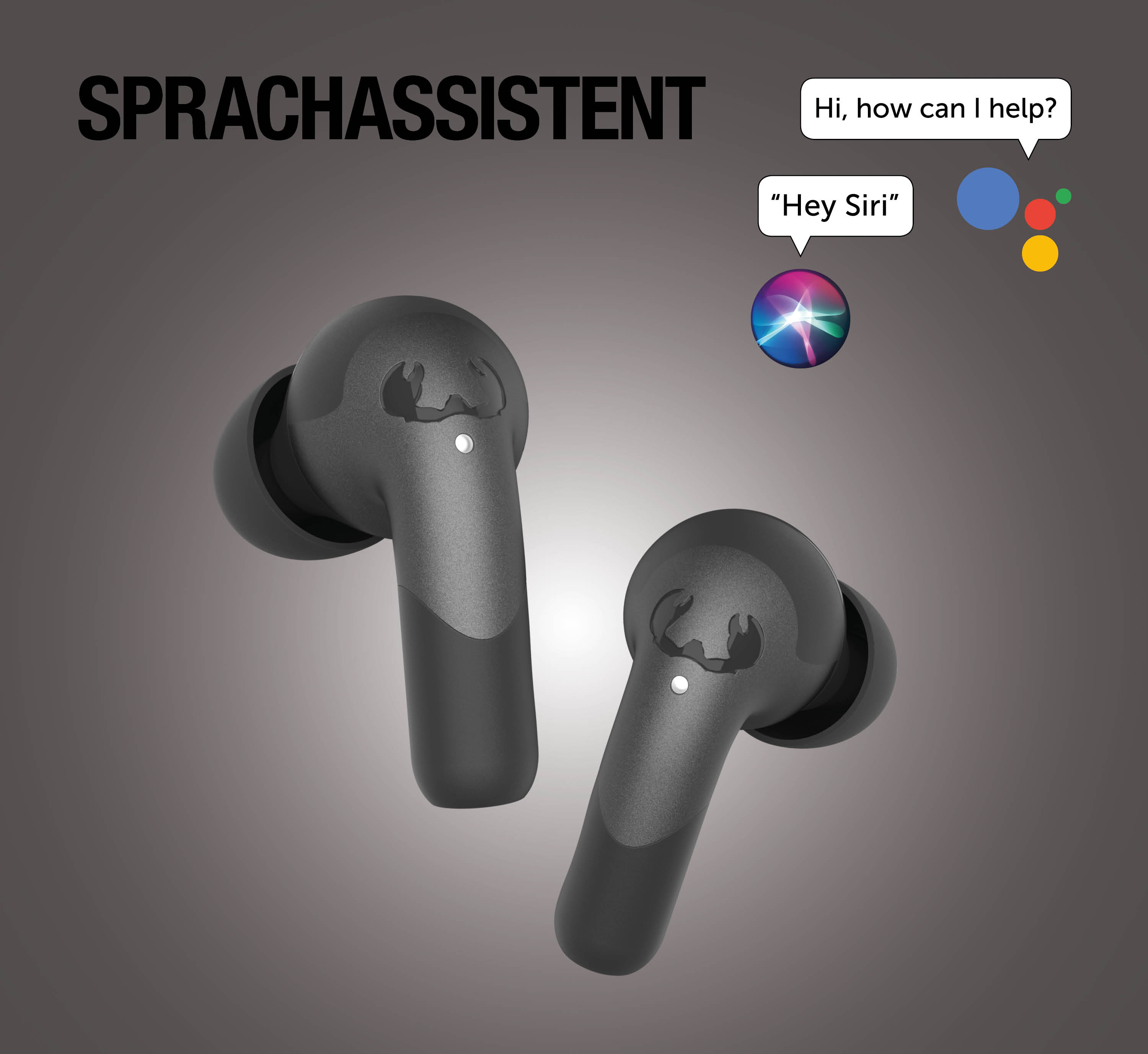 Schwarze Ohrhörer mit Sprachassistent-Symbolen von Siri und Google.