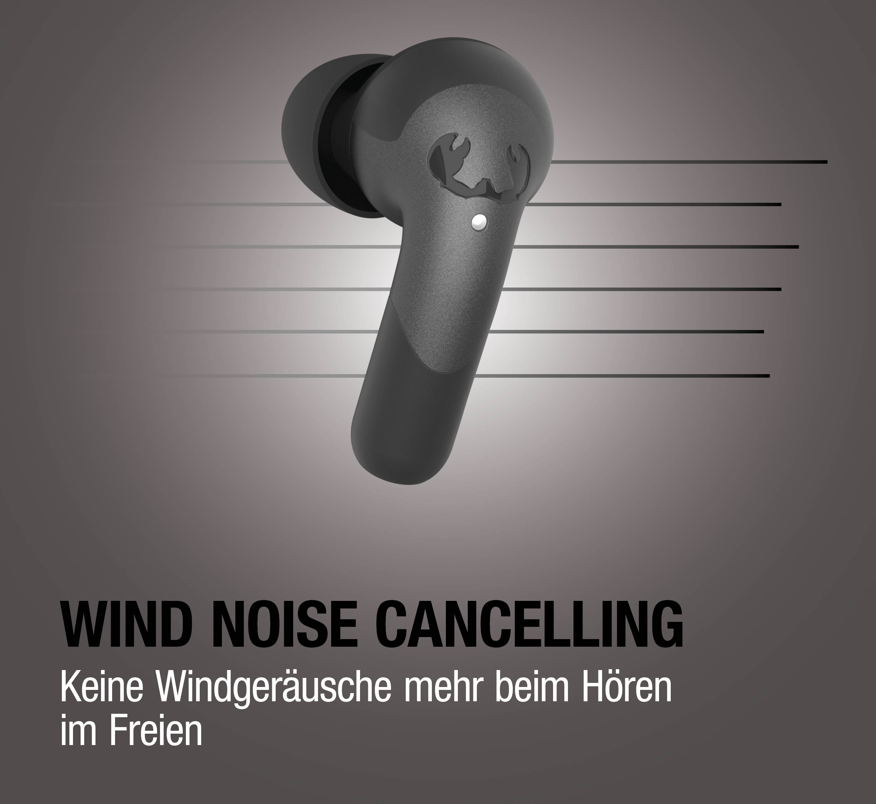 Schwarzer Kopfhörer mit Logo. Text: Wind Noise Cancelling.