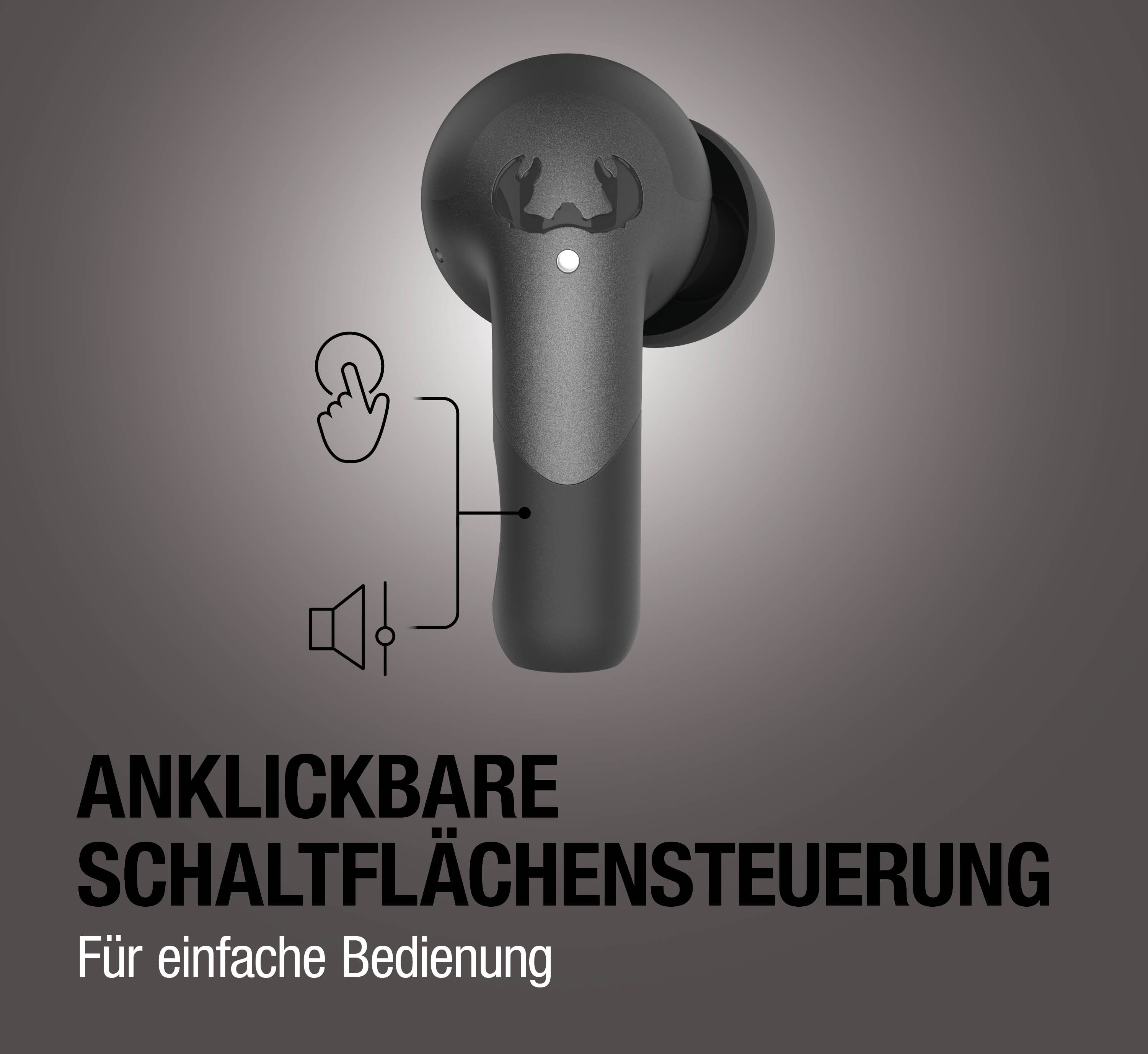 Schwarzer Kopfhörer mit Symbolen für Touch-Steuerung und Lautstärke.