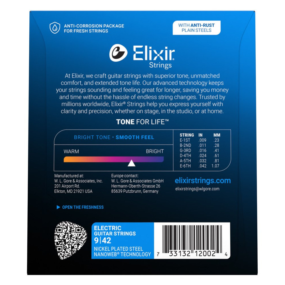 Elixir teller paketi: Antikorozif, elektro gitar için, ölçü bilgileri ve barkodlu.