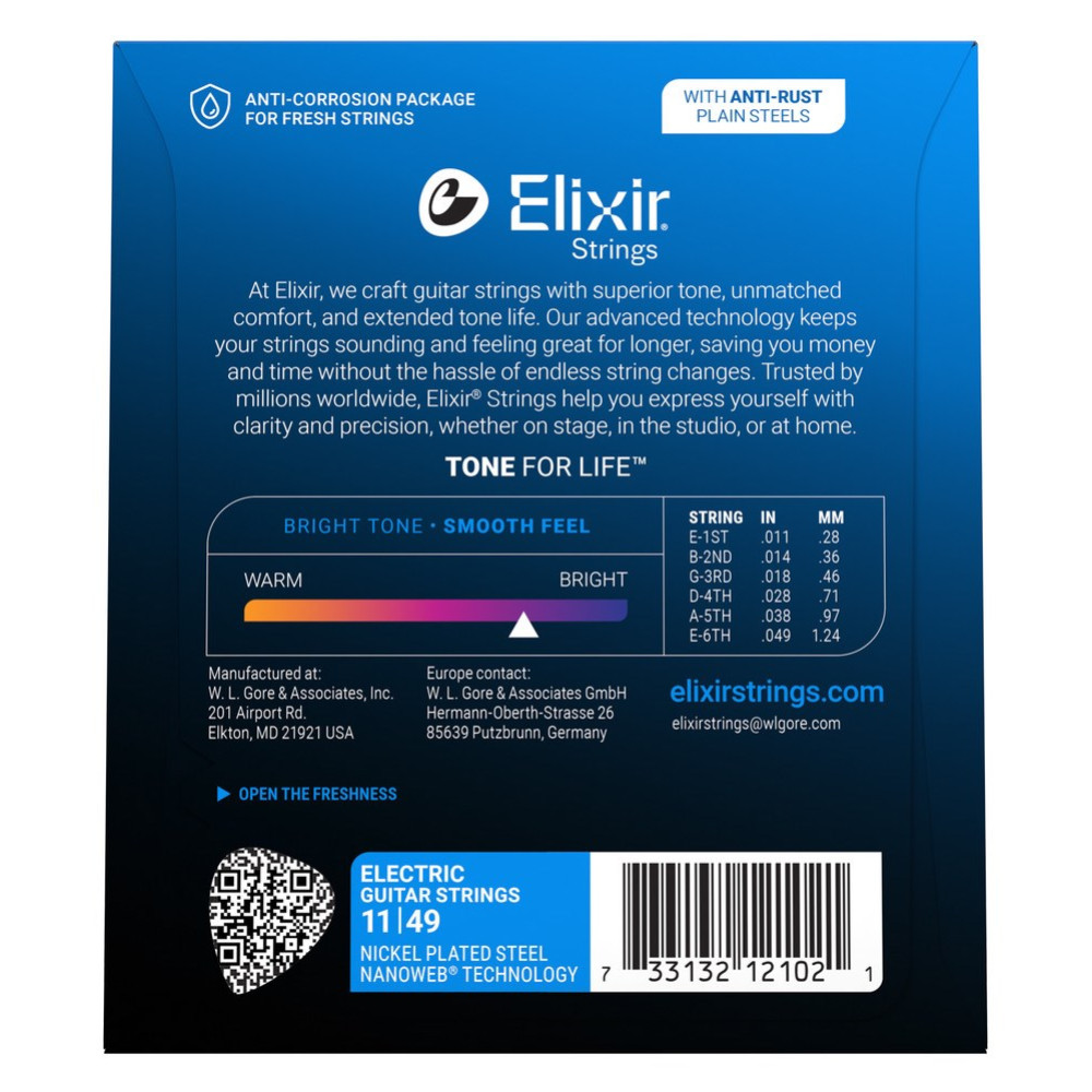 Elixir gitar teli ambalajı, tel kalınlıkları ve ürün bilgileri ile.