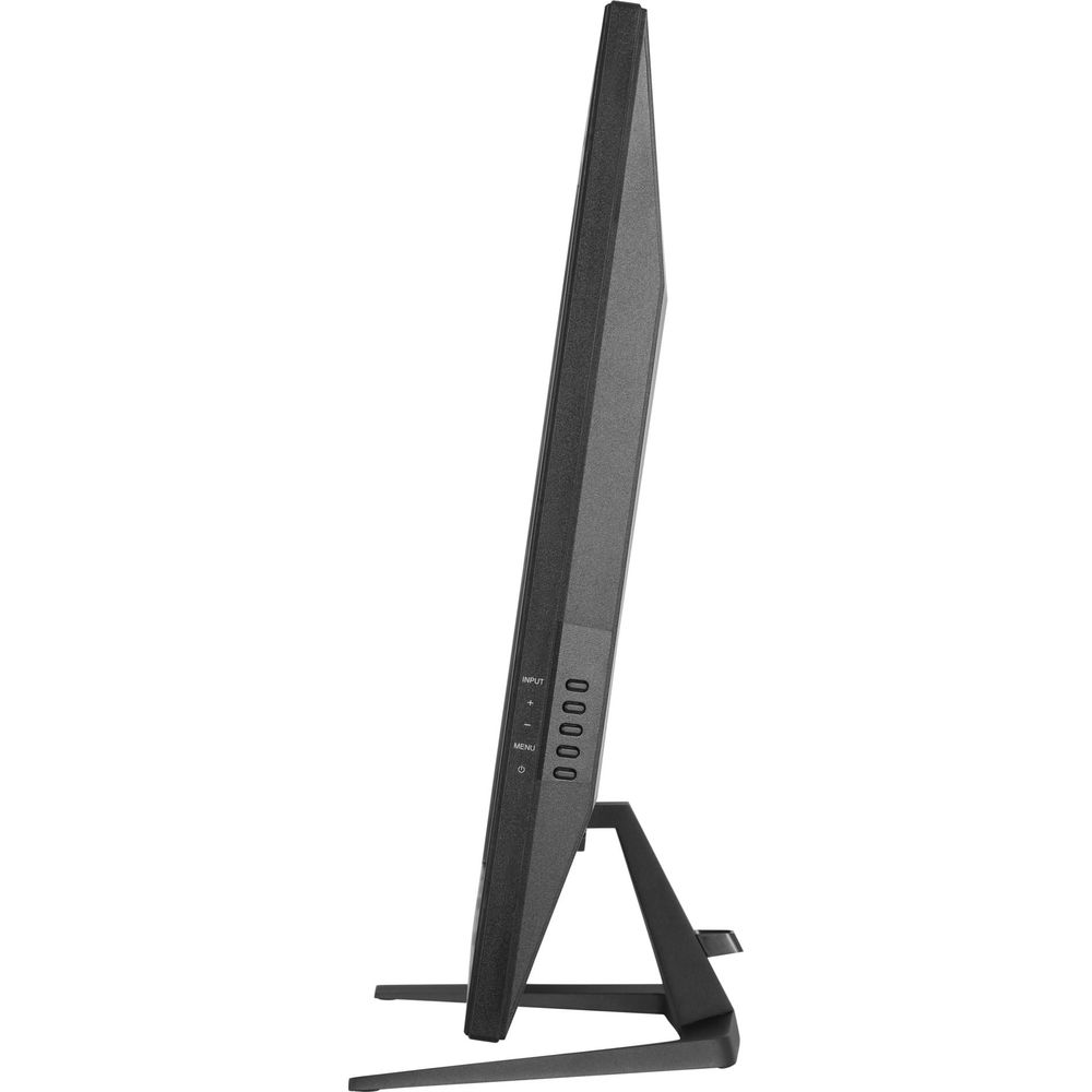 Un monitor nero dal profilo sottile, mostrato su un supporto.
