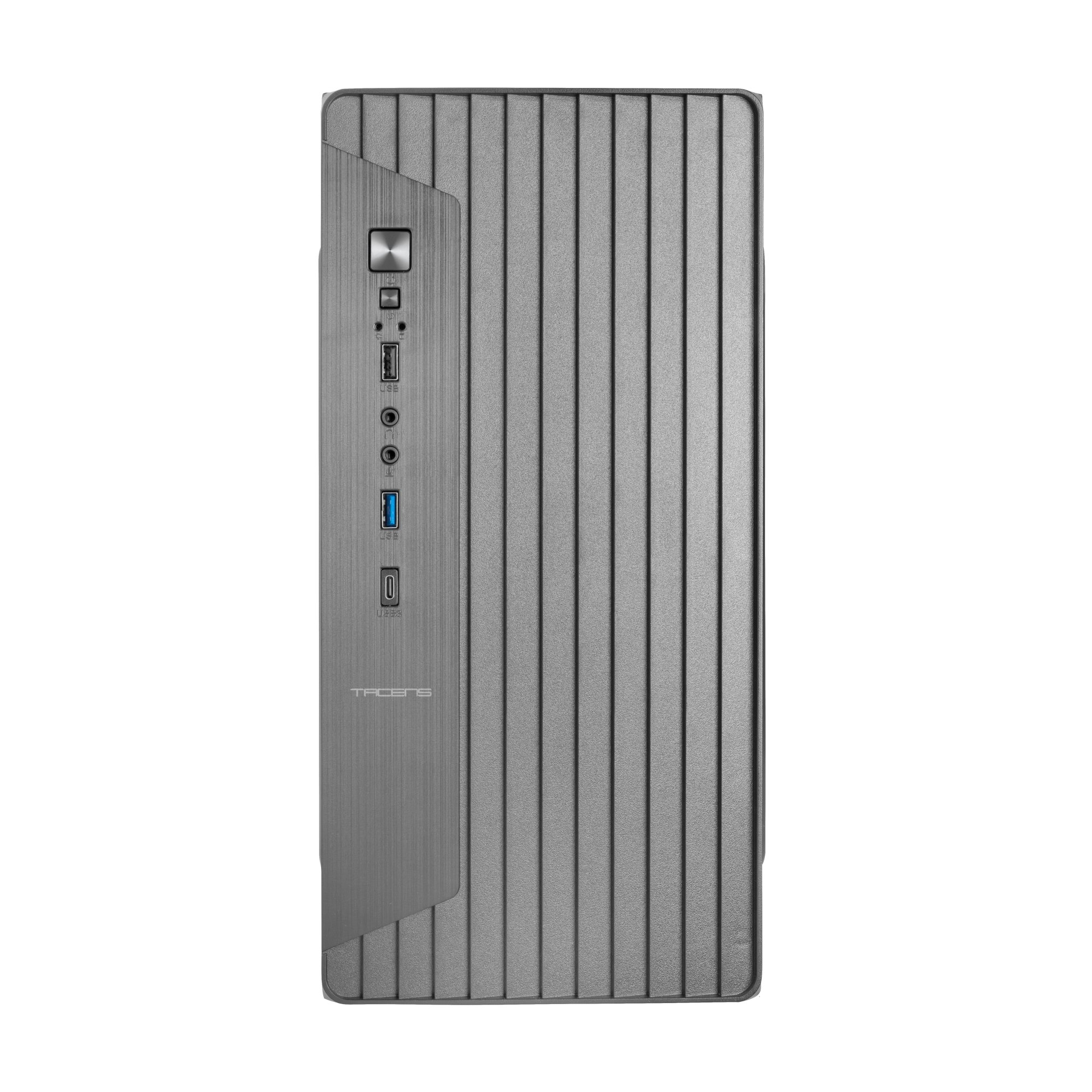 Caja de PC gris con ranuras verticales y puertos en el lado izquierdo.