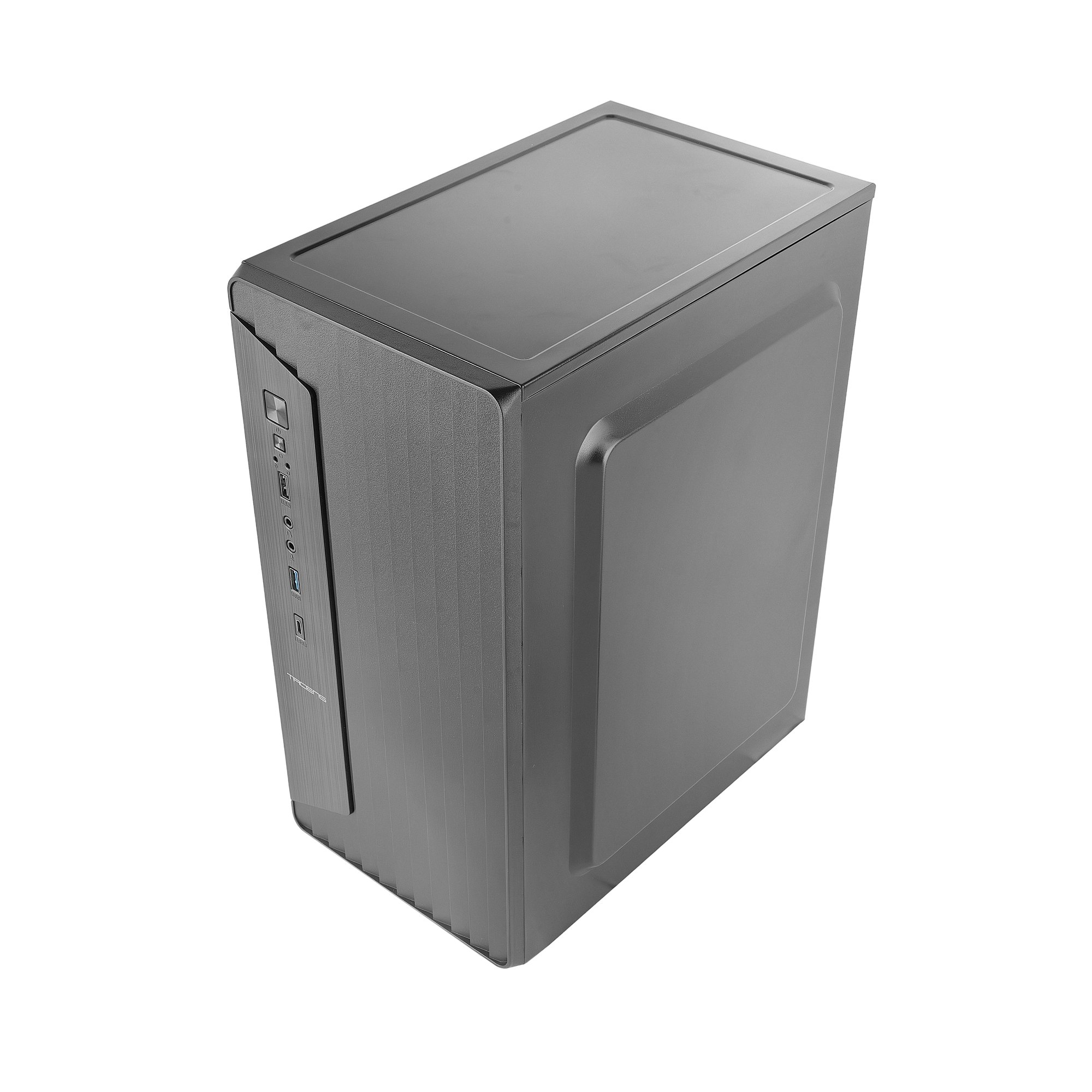 Una torre de ordenador gris con puertos frontales sobre fondo blanco.