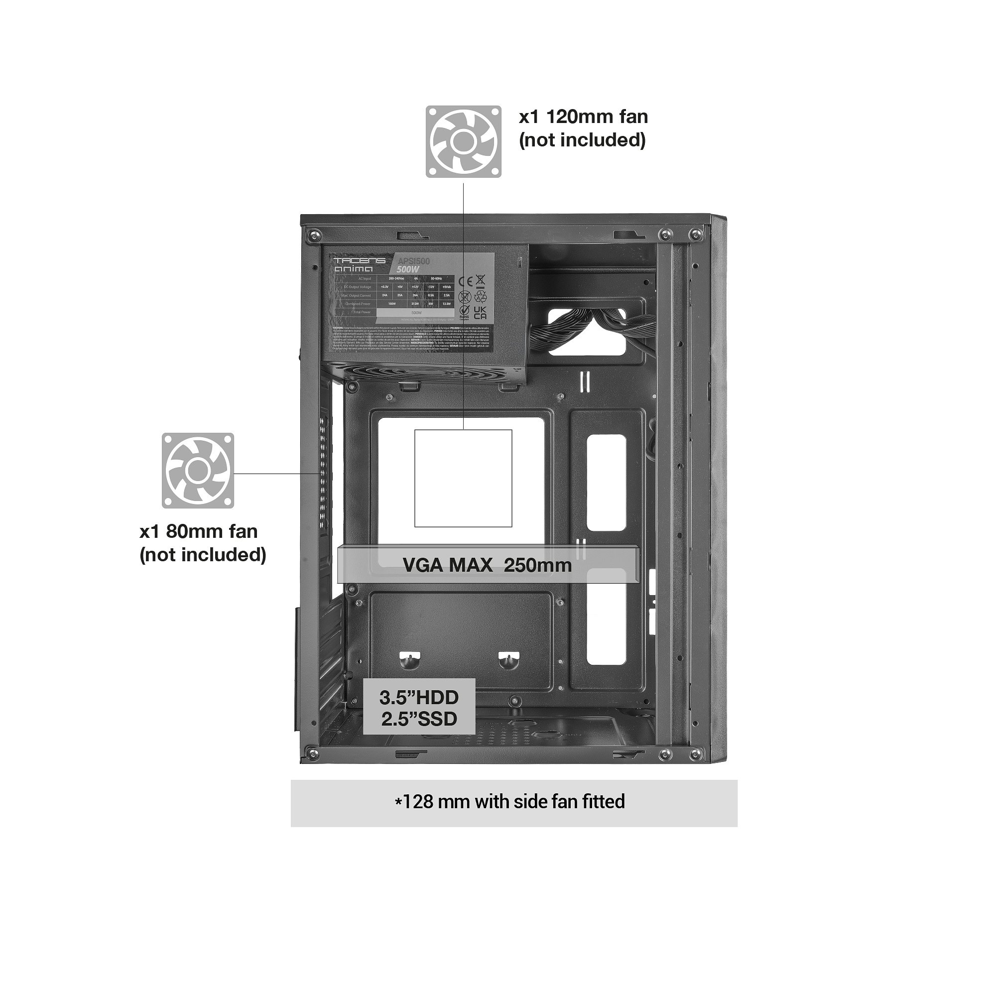 Vista interior de una caja de PC con fuente de alimentación y especificaciones de ventilador.