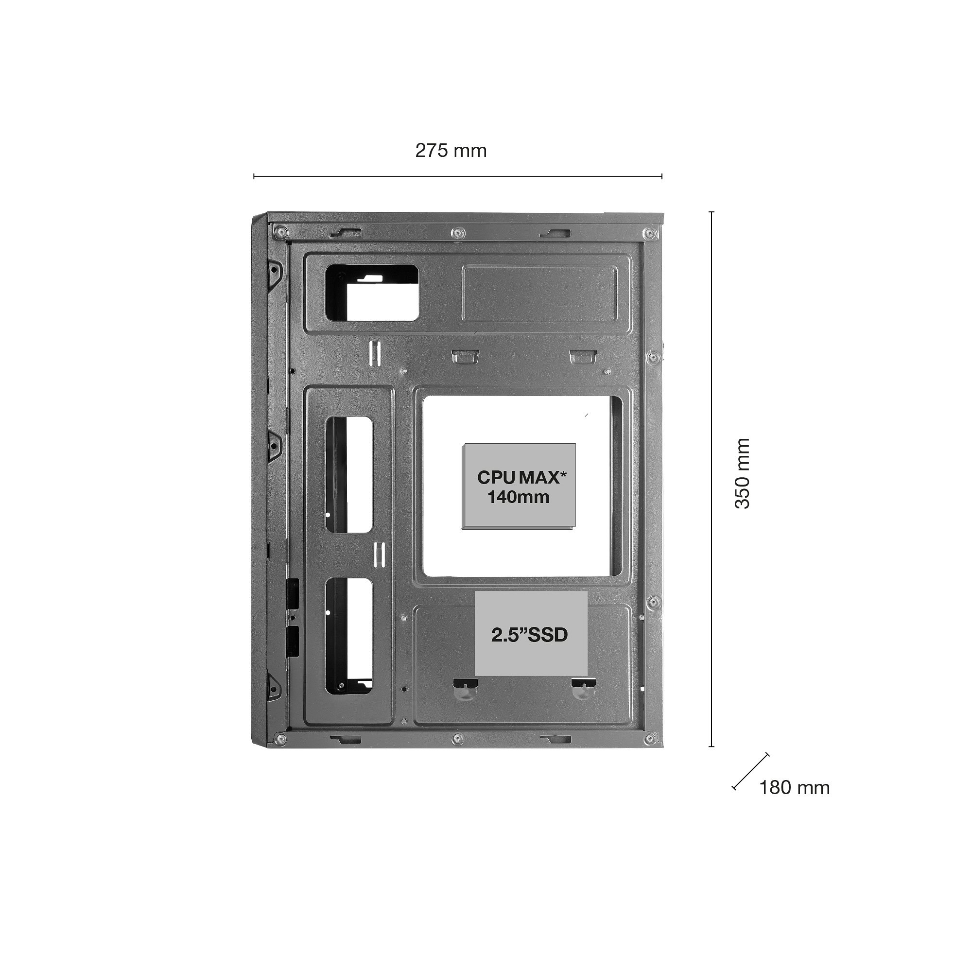Interior de una caja de computadora gris. Dimensiones: 275x350x180mm.