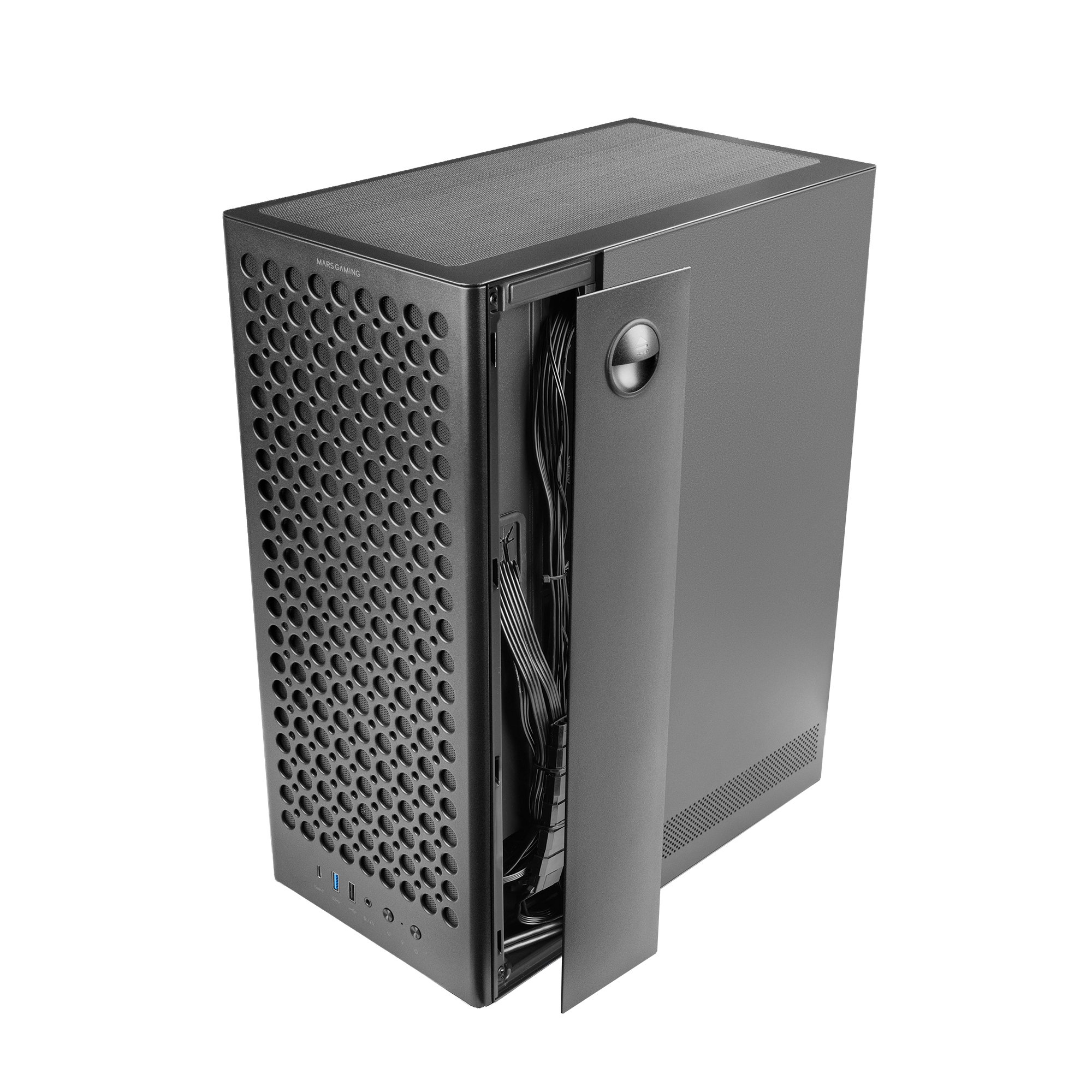 Una caja de ordenador oscura con un panel abierto que revela cables.