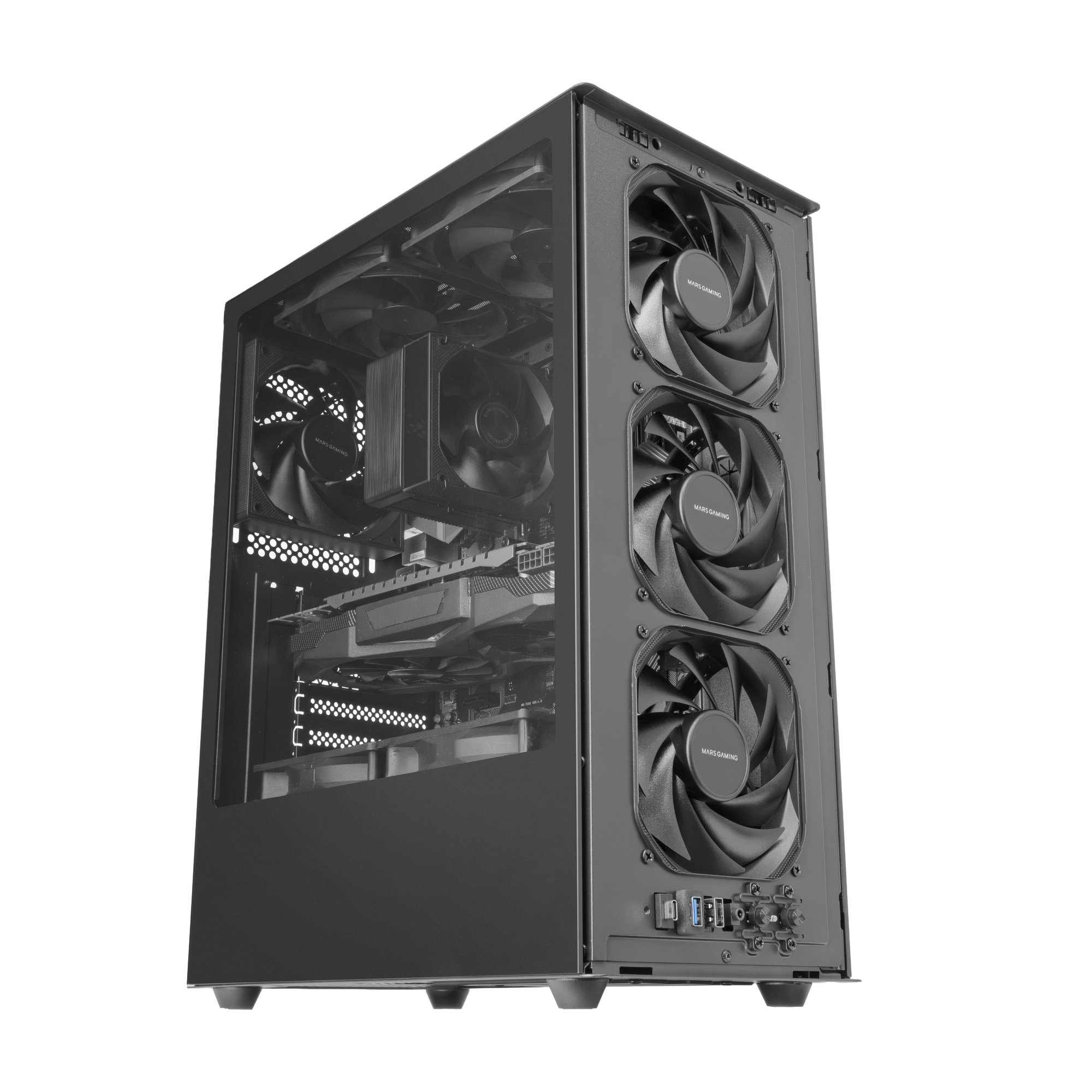 Caja de PC negra con tres ventiladores frontales y componentes internos visibles.