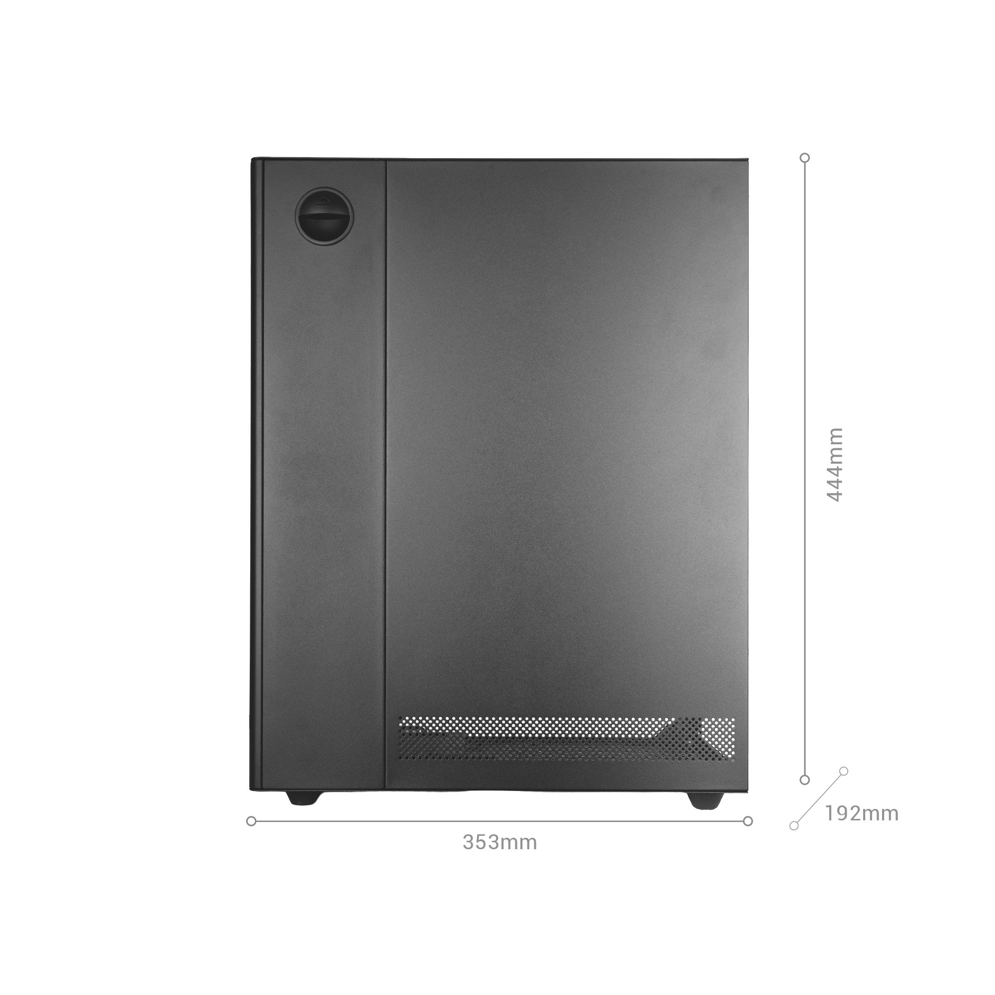 Caja de PC negra sobre fondo blanco con dimensiones.