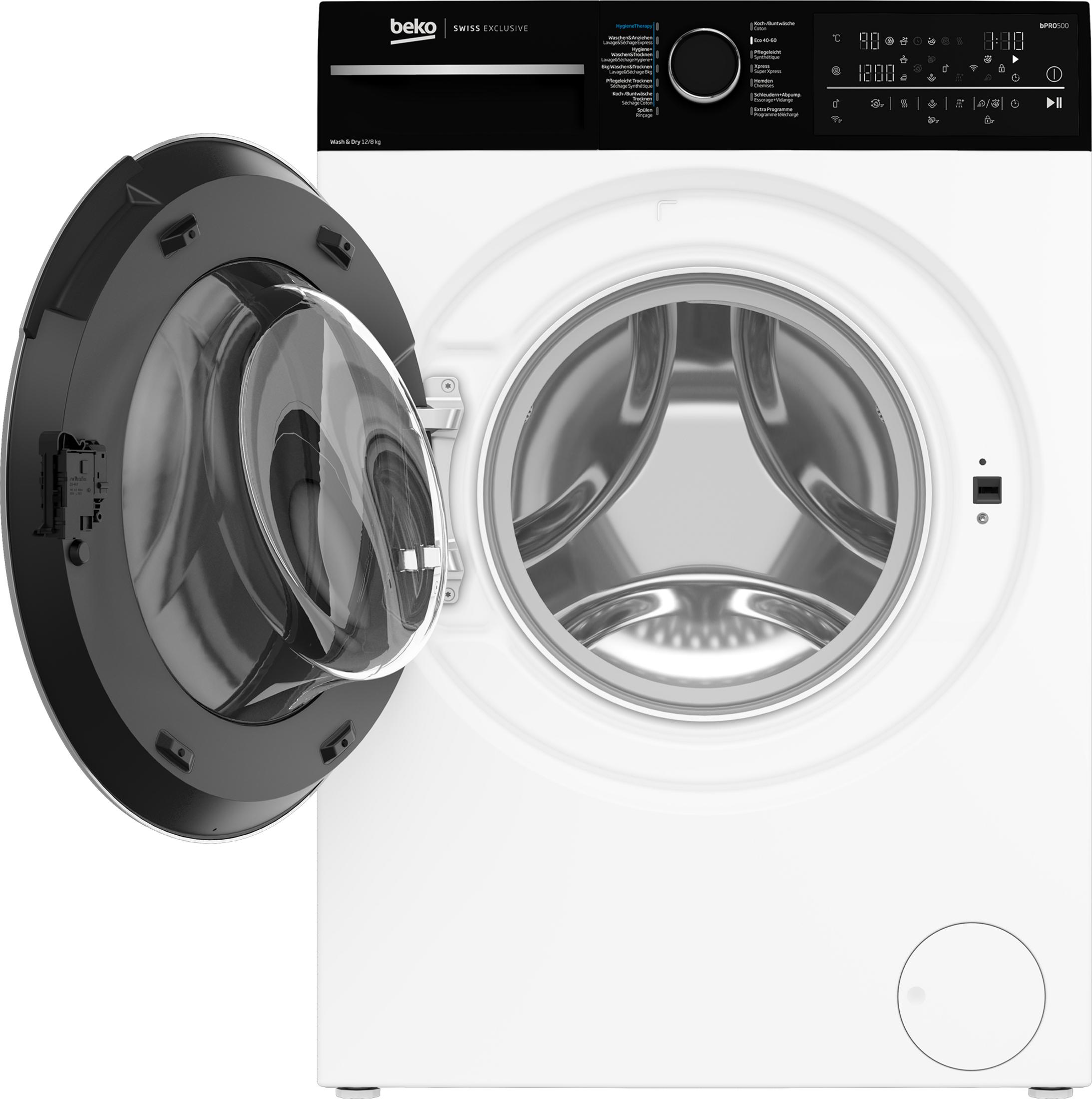 Eine weiße Waschmaschine mit geöffneter Tür und einem Bedienfeld mit vielen Symbolen.