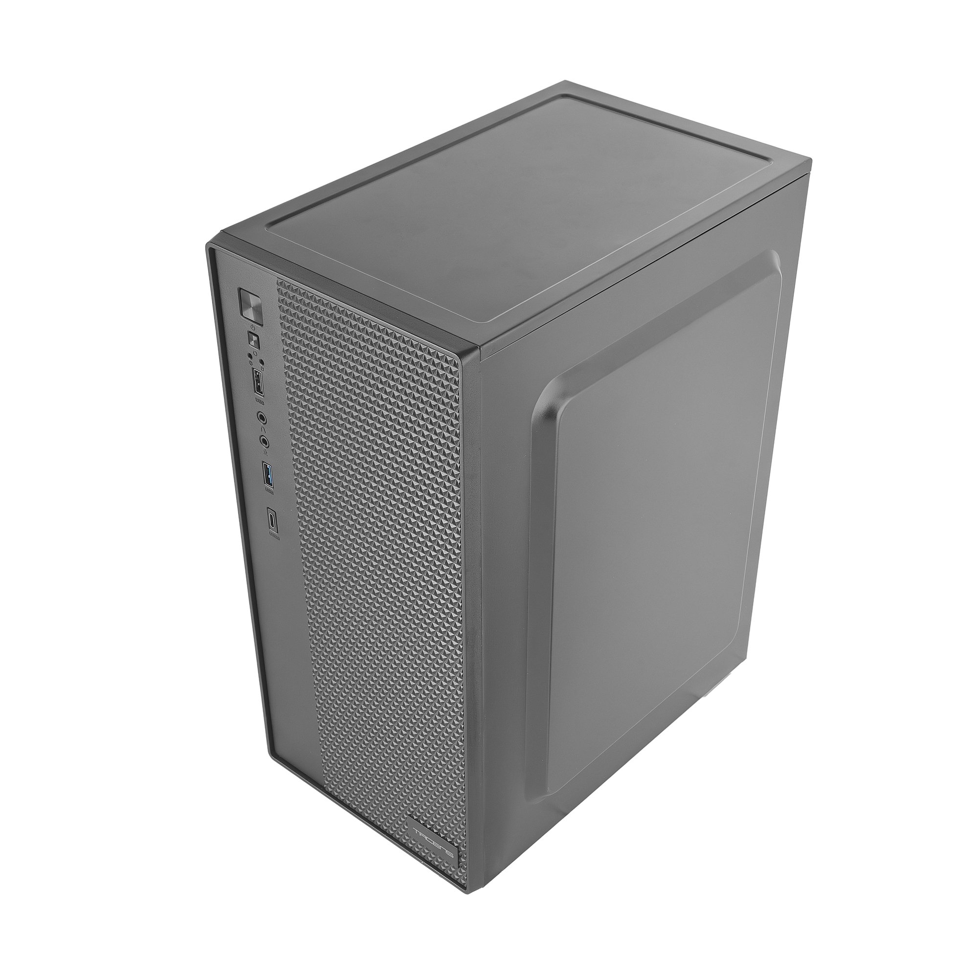 Caja de ordenador gris con puertos USB y panel frontal texturizado con patrón de rejilla.