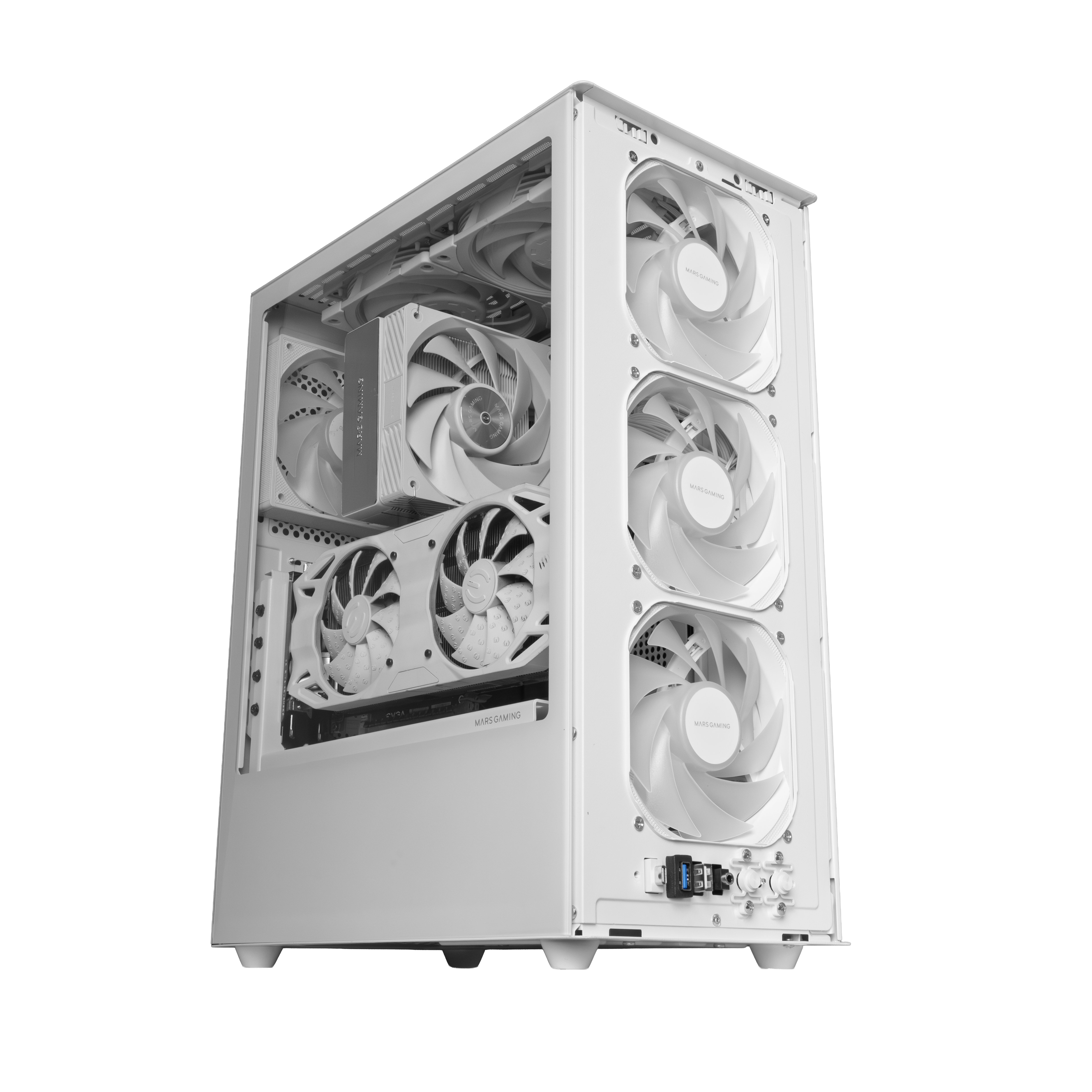 Una caja de ordenador blanca con tres ventiladores frontales y varios ventiladores internos.