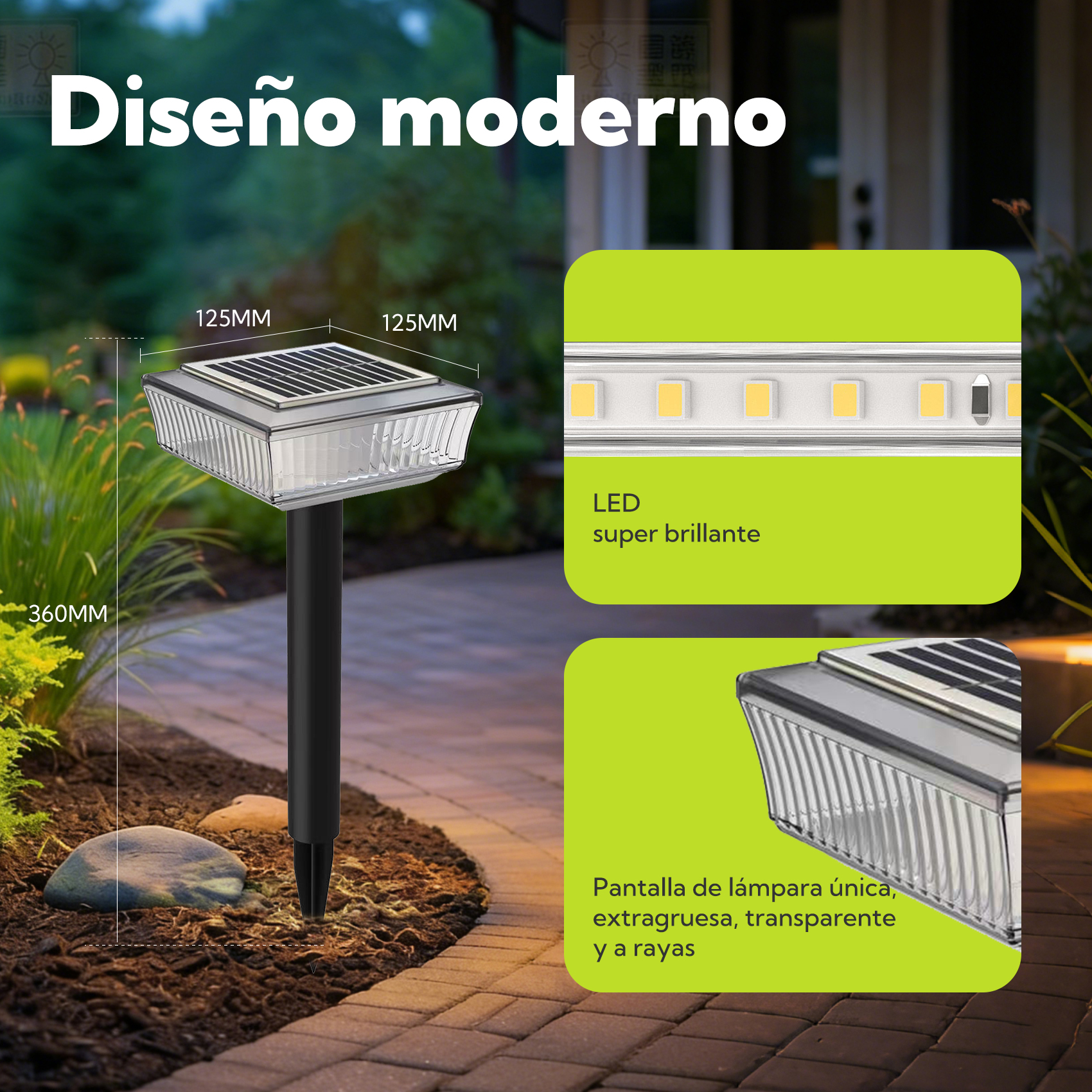 Luz solar moderna para jardín con tira LED y dimensiones.
