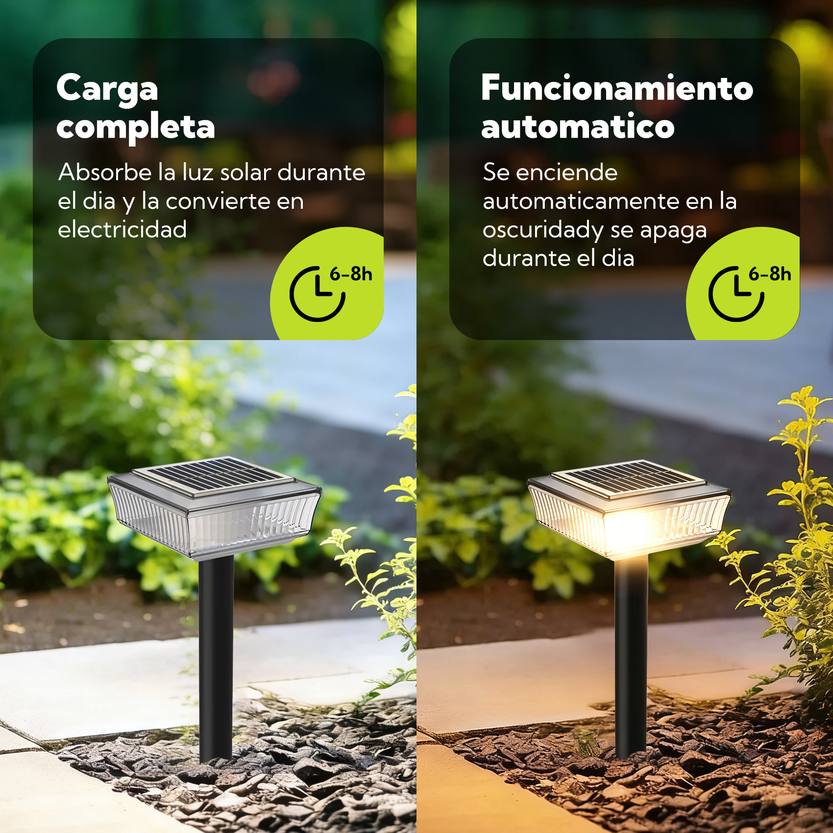 Luz de jardín: Izquierda apagada, derecha encendida. Carga de día, luz de noche.