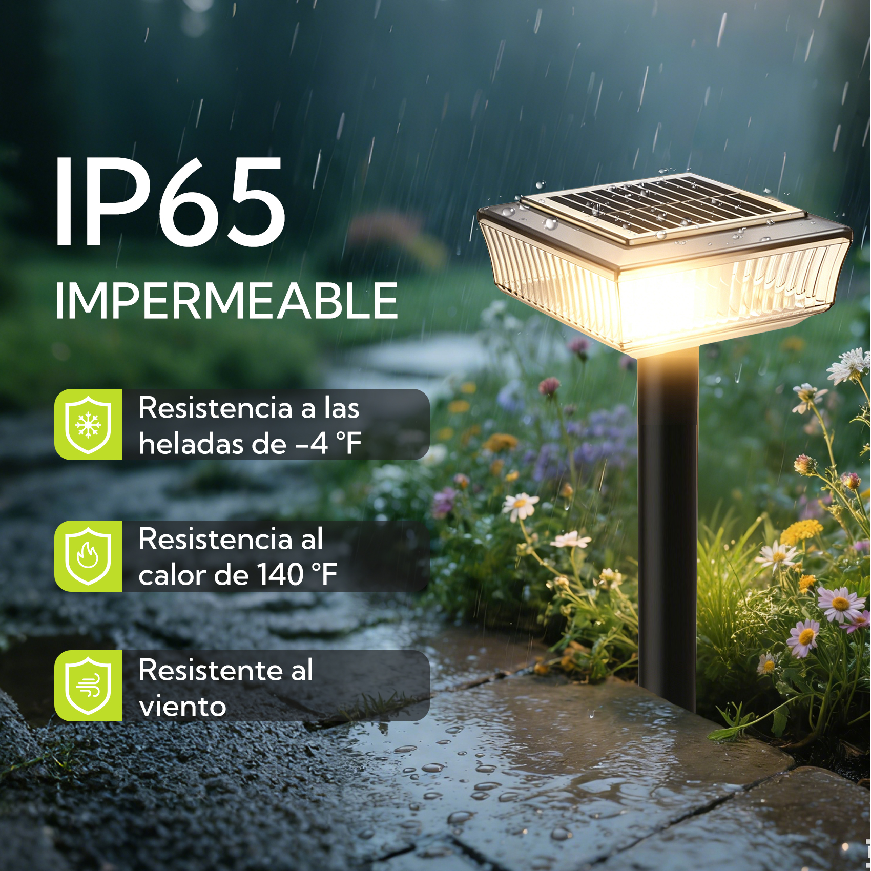 Una lámpara solar de jardín con clasificación IP65, bajo la lluvia. Resistente a heladas, calor y viento.