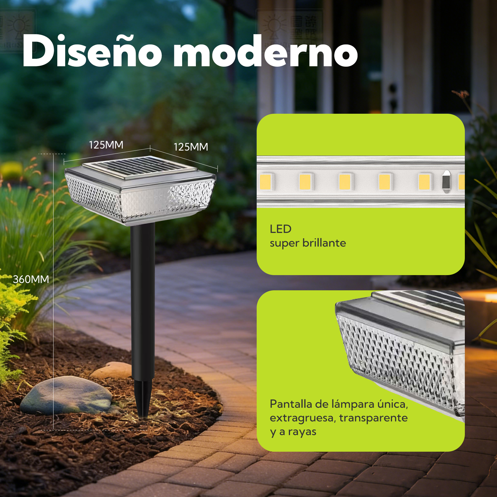 Moderno farol solar con LED, tamaño 125x125mm.