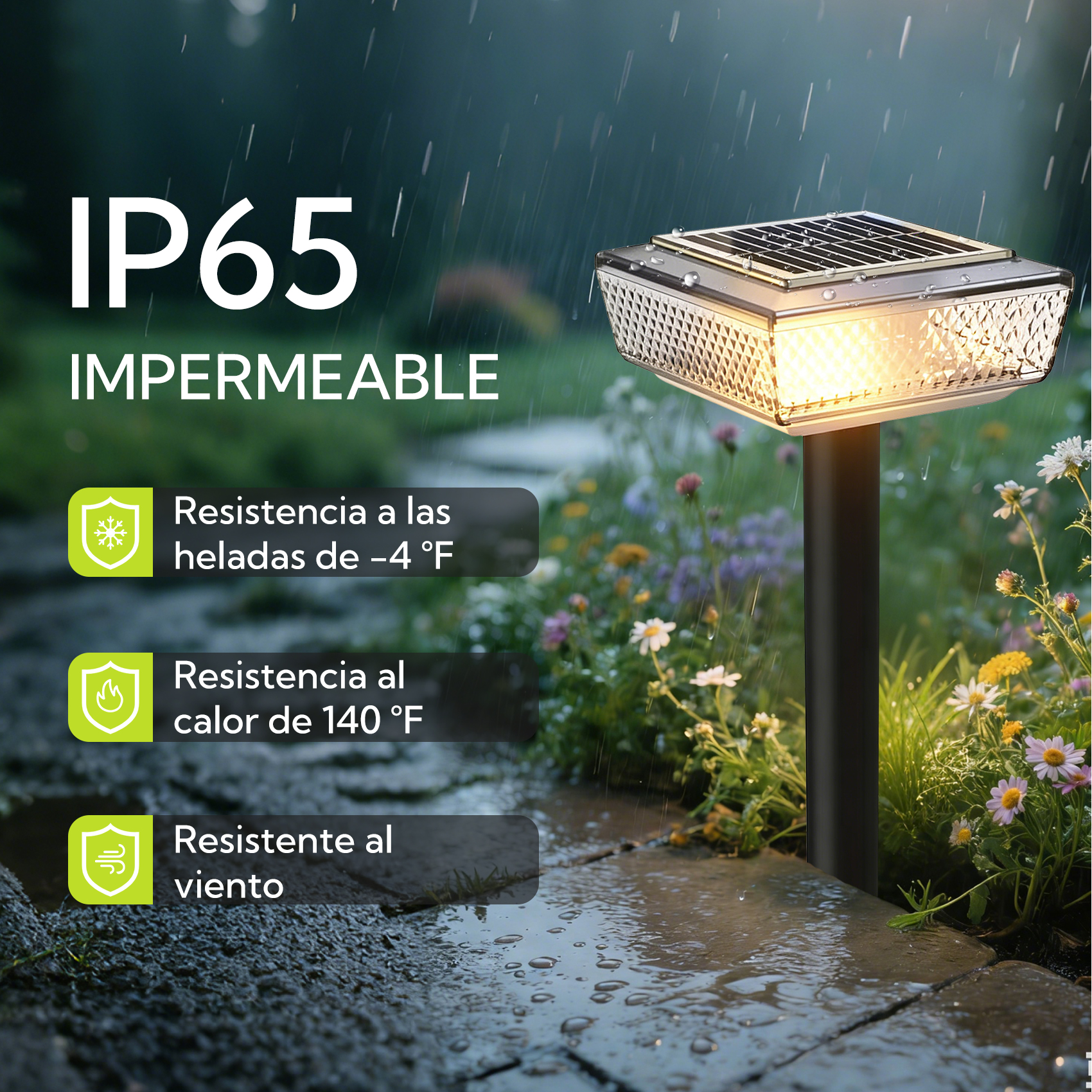 Luz solar bajo la lluvia, IP65, resistente al frío, calor y viento.