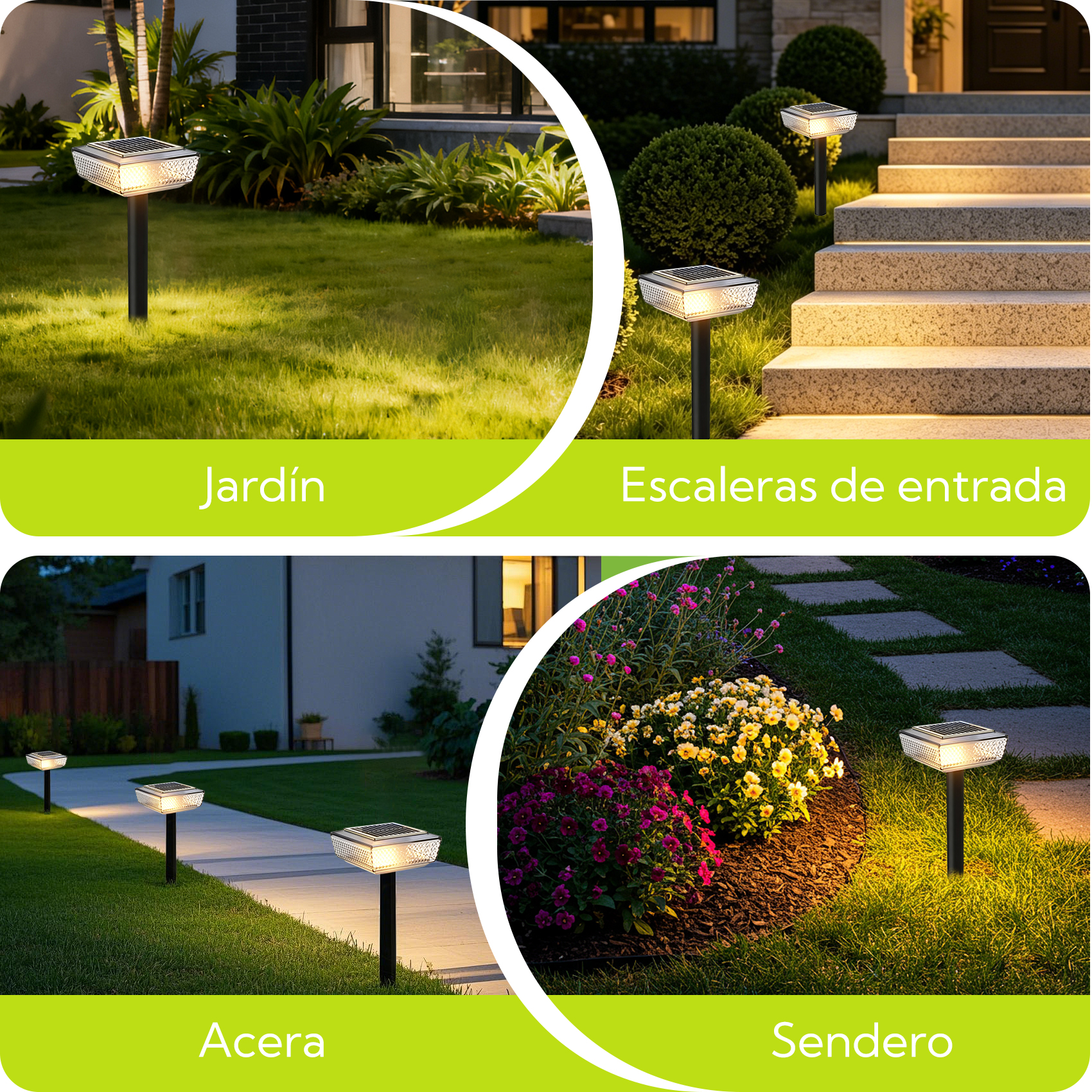 Luces de jardín junto a césped, escalones y parterres por la noche.