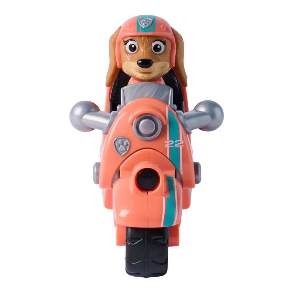 Un perro con casco rosa monta una moto rosa con rayas turquesas.